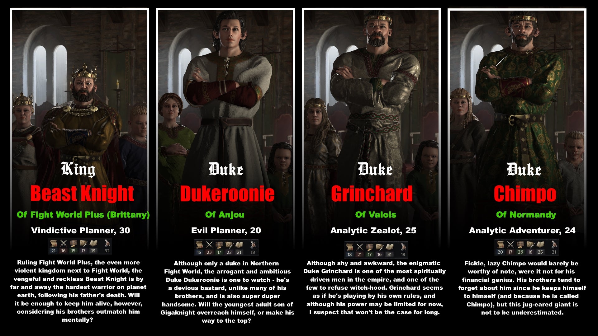 Portraits and flavour text for four of Gigaknight's descendants.