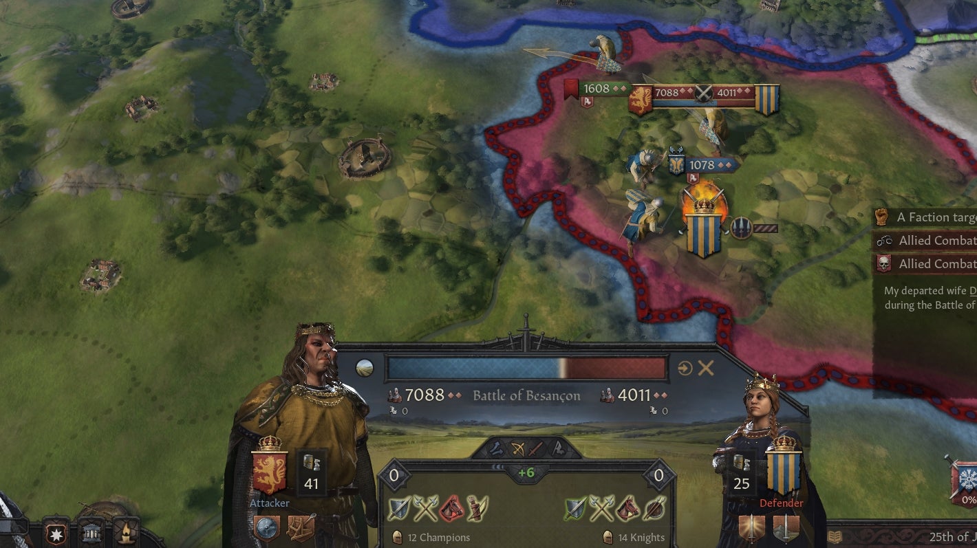 A battle playing out in Crusader Kings 3 - the huge and frightening form of King Bloodmaster dwarfs his opponent on the combat UI.