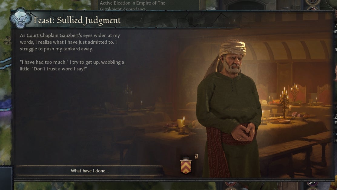 A very disgruntled-looking medieval man against the backdrop of a feast hall, with flavour text explaining the drunken letting-slip of a terrible secret,