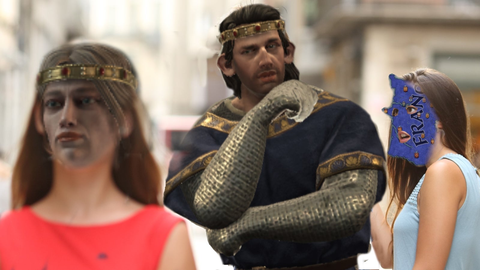 Crude photoshop of the "man looking at a woman in a red dress while his girlfriend looks angrily at him" meme, in which the man is a giant duke, the red dress woman is a blank-faced queen, and the girlfriend is France.