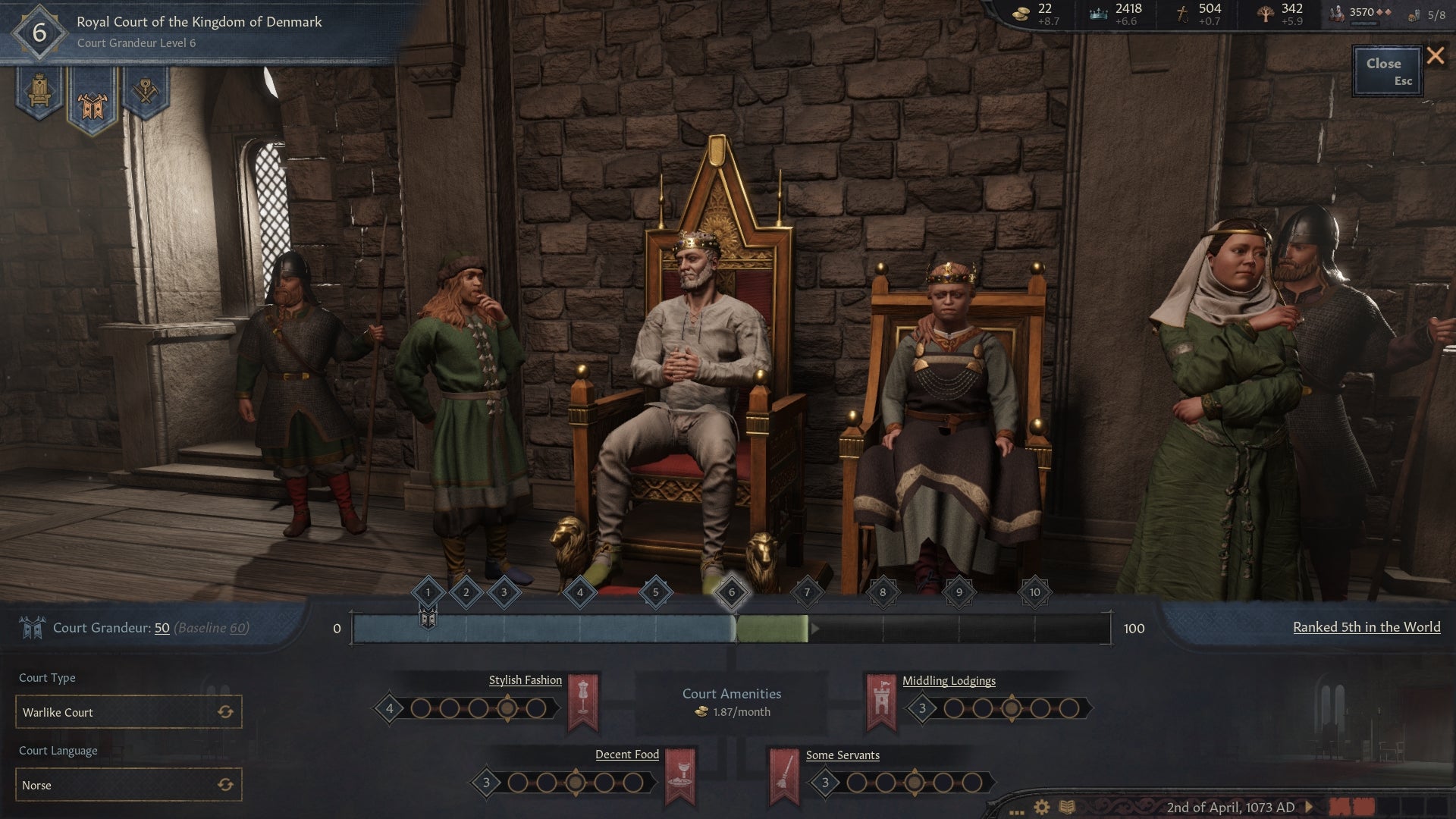 The royal court of Denmark, showing a king and his dynasty in Crusader Kings 3