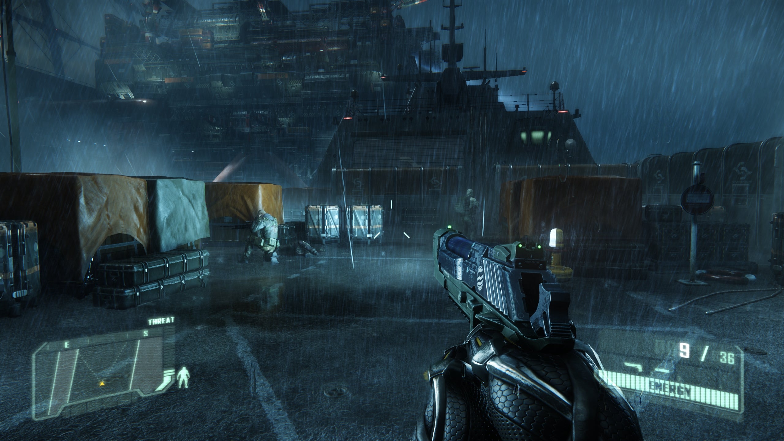 Prophet pulls a pistol aboard a rain-lashed boat in Crysis 3.