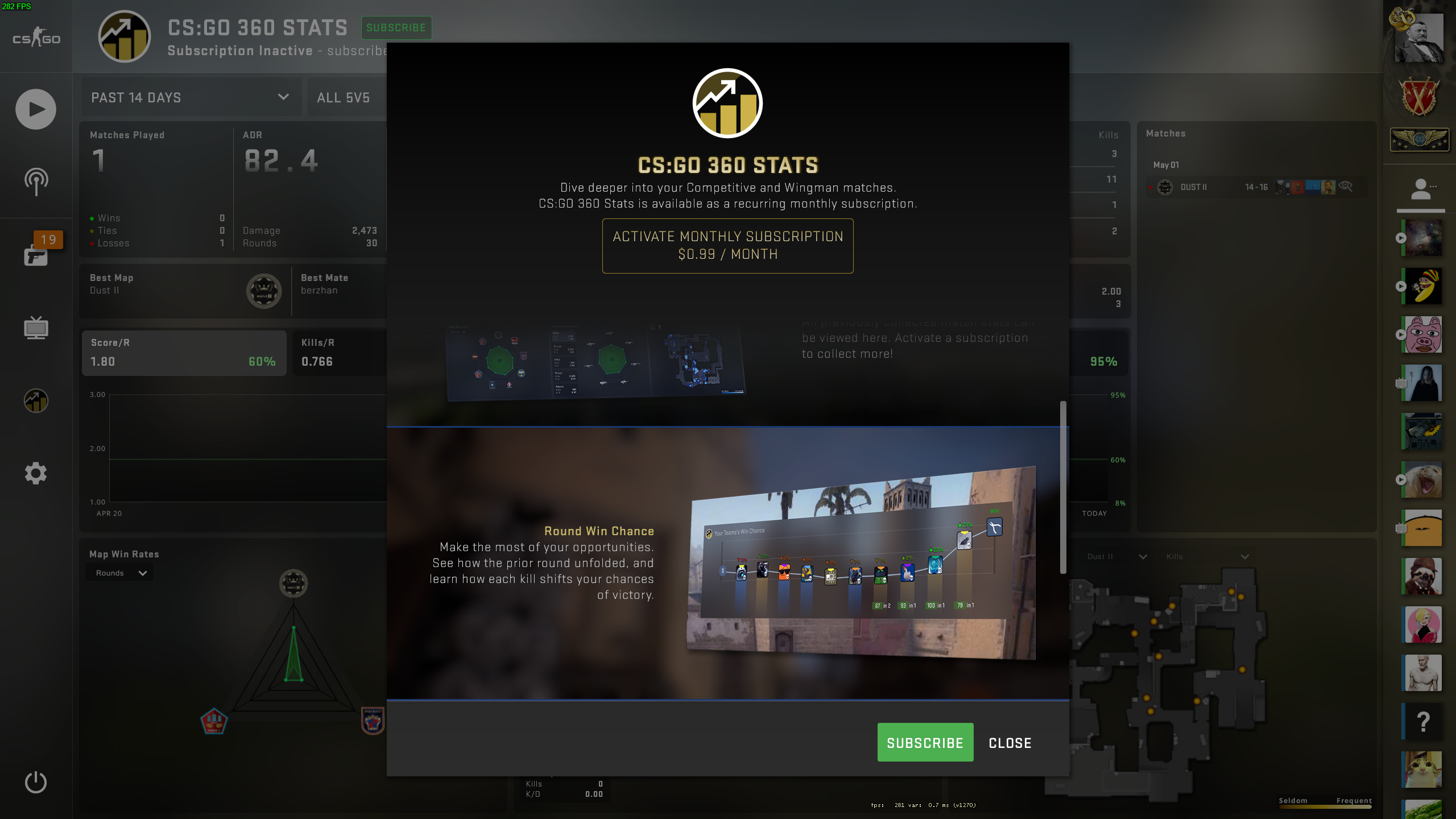 A screenshot of CS:GO 360 Stats, showing an interface with some text and numbers on it. It's a stats subscription service for Counter-Strike Global Offensive.
