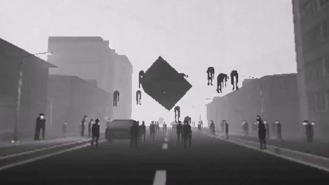 Masked shadowy figures stand and float surrounding a mysterious hovering black cube in horror game Curfew.