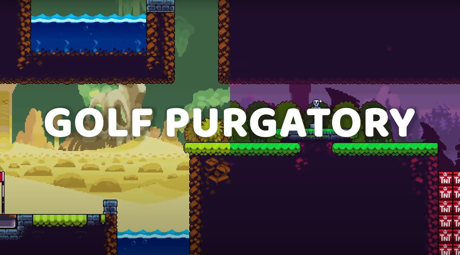 A screenshot from the trailer for Cursed To Golf, a golf game. It's 2D. There's TNT in the corner. Across the middle reads the text, "GOLF PURGATORY".