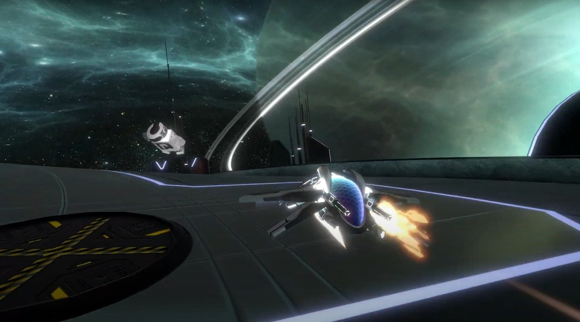 A screenshot of Curved Space, a scifi shmup, showing an R-Type like spaceship on the right and a robot on the left. Bet you can't guess which one of these is a fragrance.