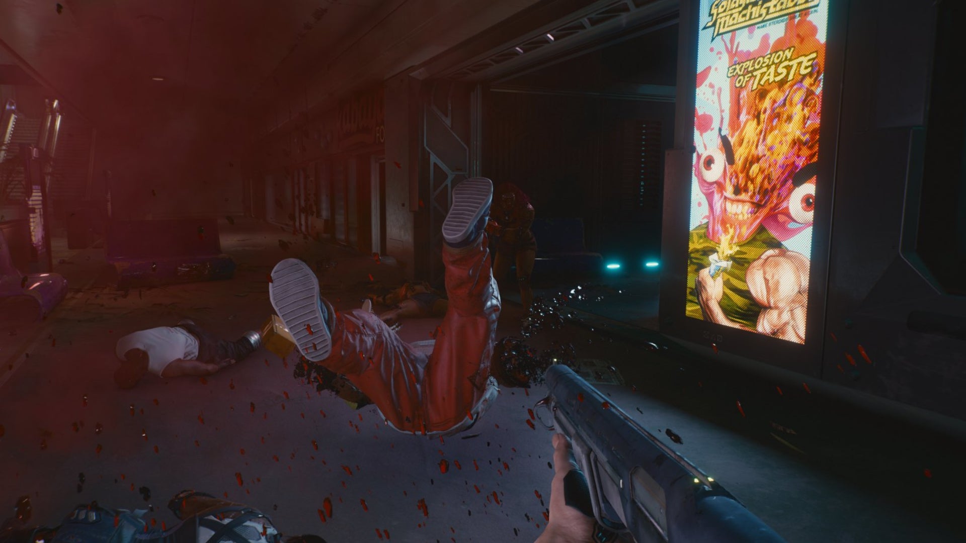 The player in Cyberpunk 2077 uses a shotgun to blast an enemy off their feet.