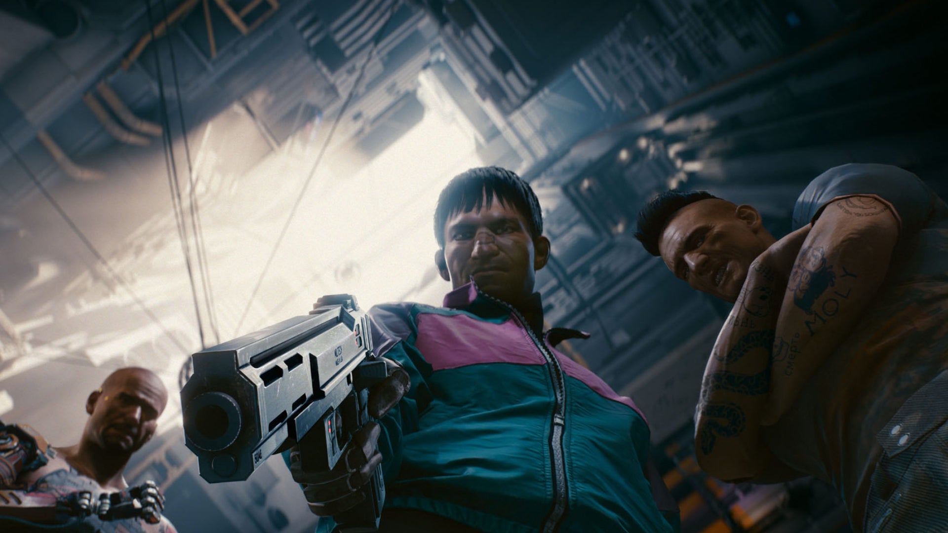 A worm's eye view of three gang members in Cyberpunk 2077. The middle gang member has a gun drawn and is pointing it downwards towards the camera.