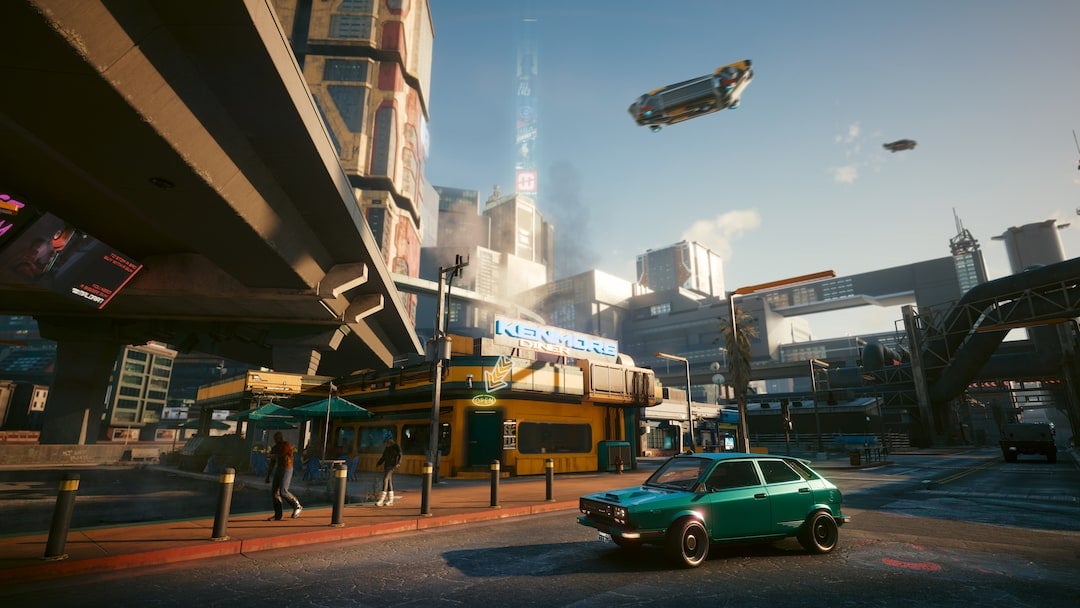 A screenshot of a street in Night City in Cyberpunk 2077.