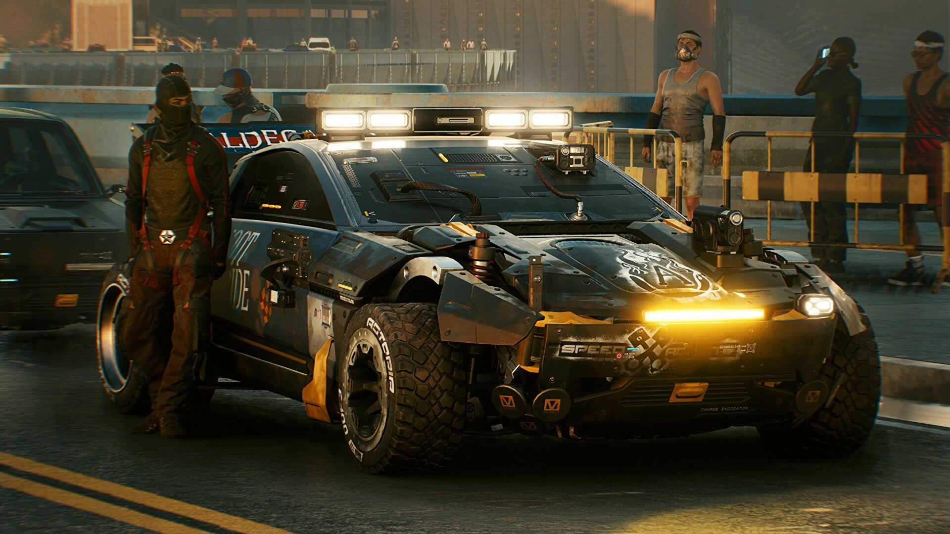 A character stands outside their armoured car in Cyberpunk 2077 as they prepare for a race.