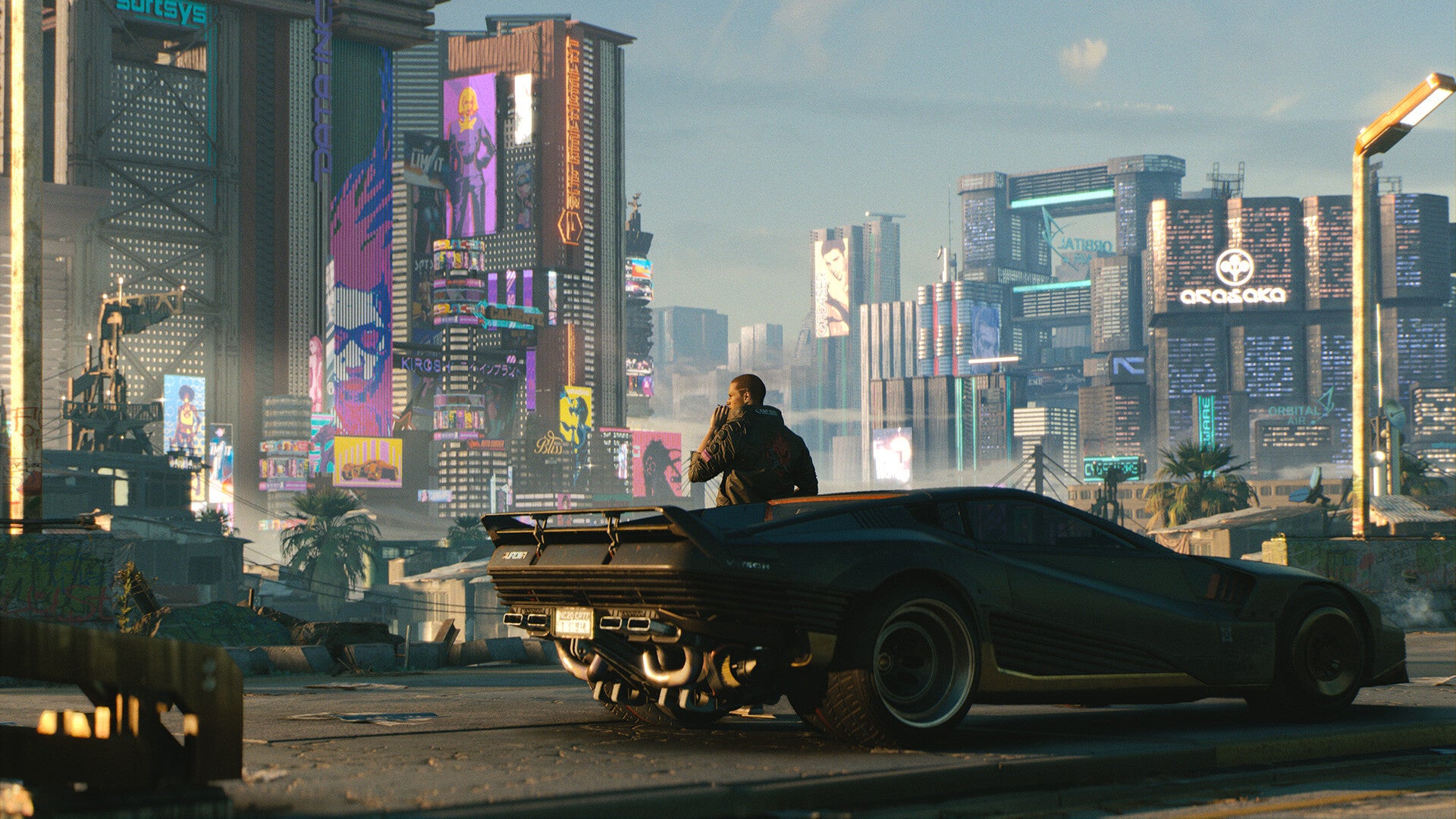 V stands outside his car smoking a cigarette on the street in Cyberpunk 2077.