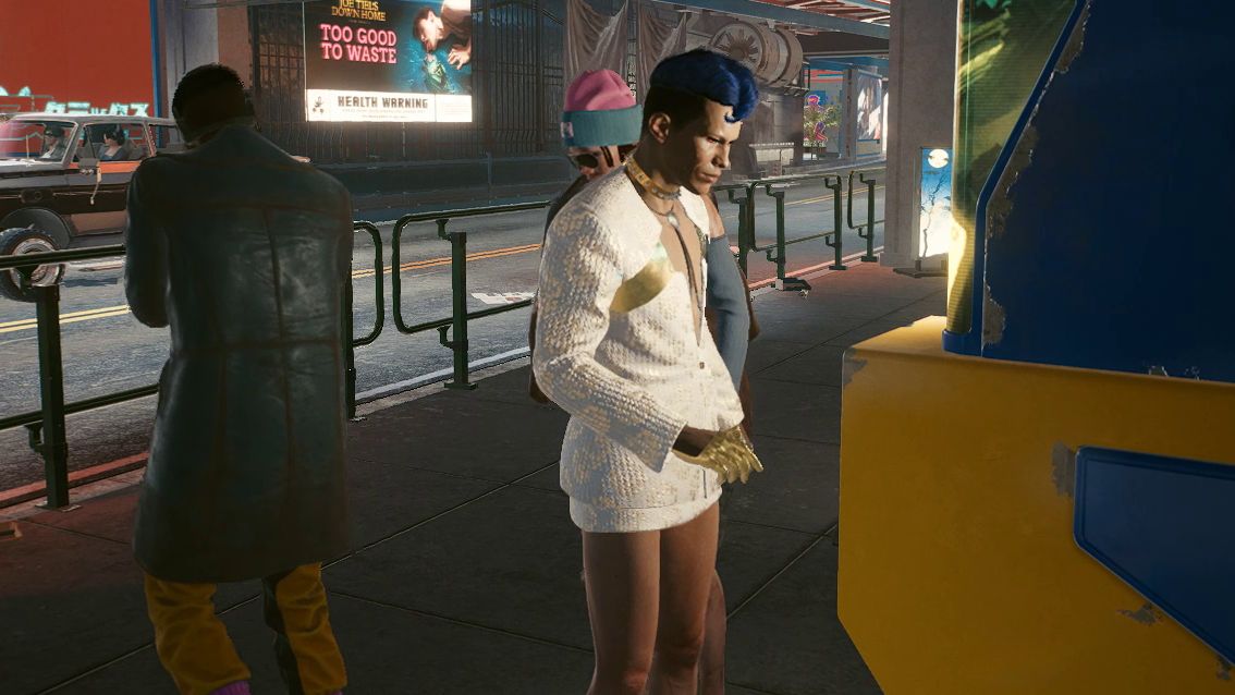 A screenshot of an NPC in Cyberpunk 2077, using a vending machine. They're wearing a white skirt-suit with gold accents, and gold gloves.