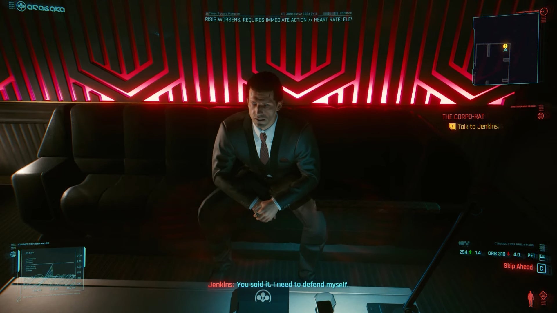 The player in Cyberpunk 2077 speaks to Jenkins, a corpo in a suit sitting down in a club.