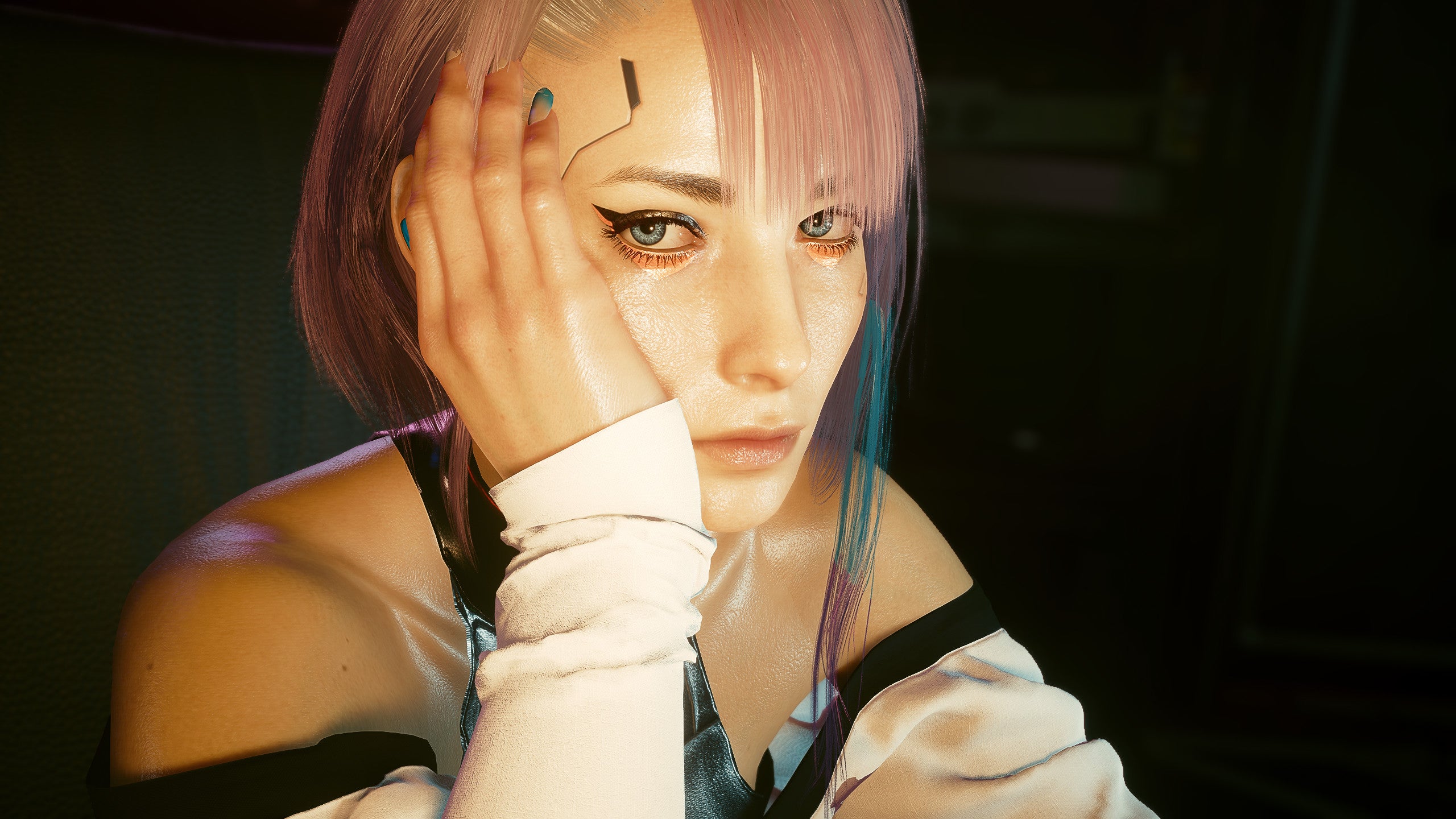 Edgerunner Lucy poses in a screenshot of the Cyberpunk 2077 face preset by UJB.