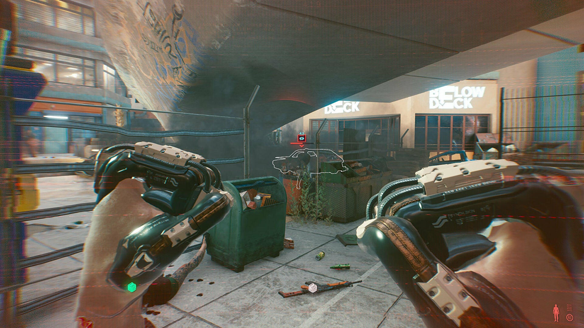 The player holds up their Gorilla Arms on the street in Cyberpunk 2077.