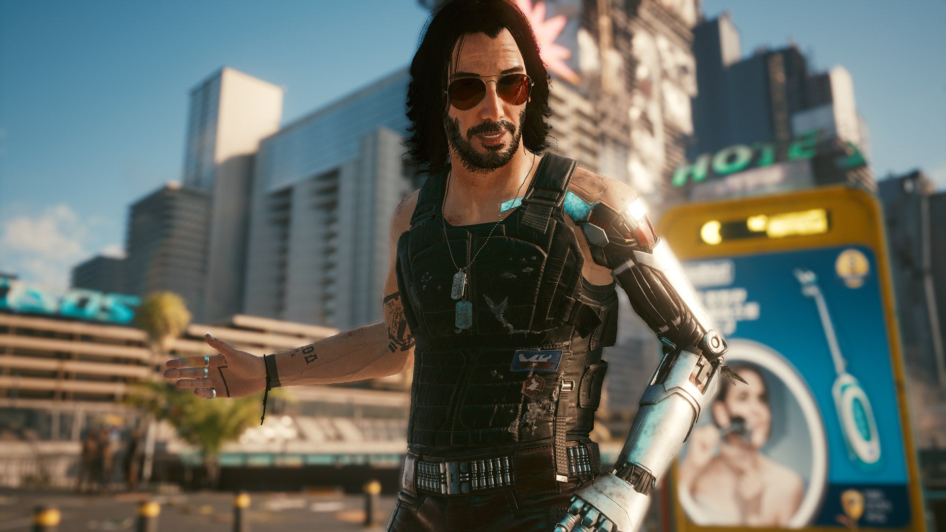 Johnny gestures in a Cyberpunk 2077 screenshot.