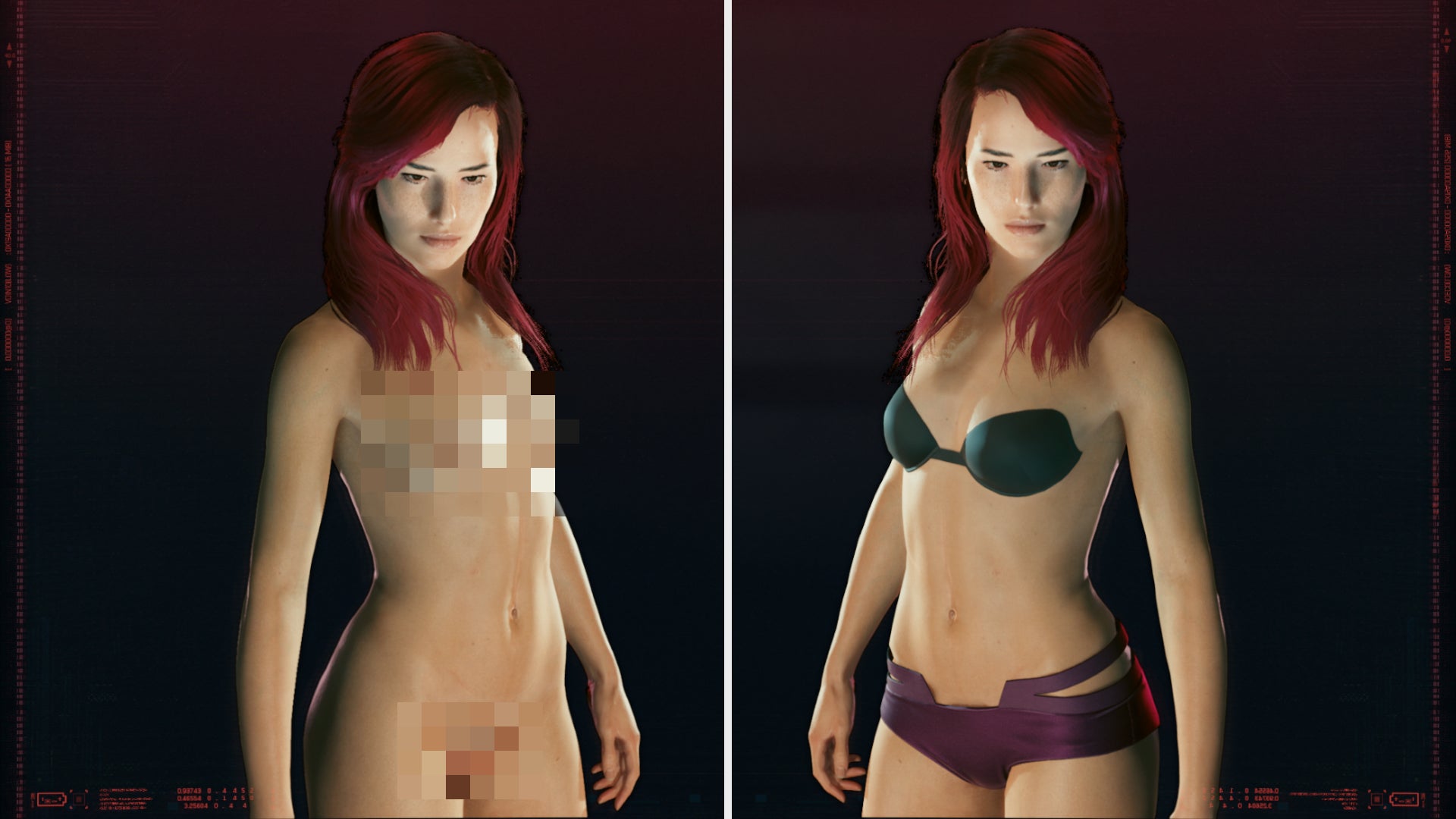 A side-by-side comparison of V in Cyberpunk 2077 wearing no clothes. On the left is with nudity enabled (blurred in post), and on the right is with nudity disabled.