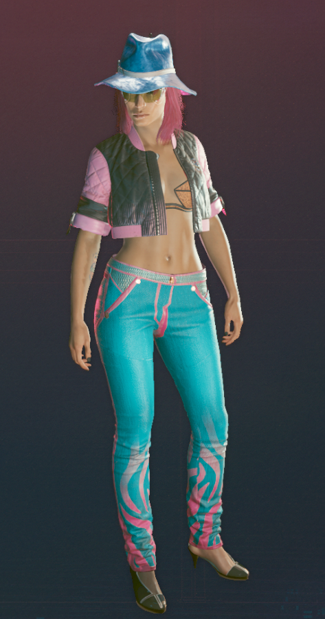 A screenshot of a female V's outfit in Cyberpunk 2077.