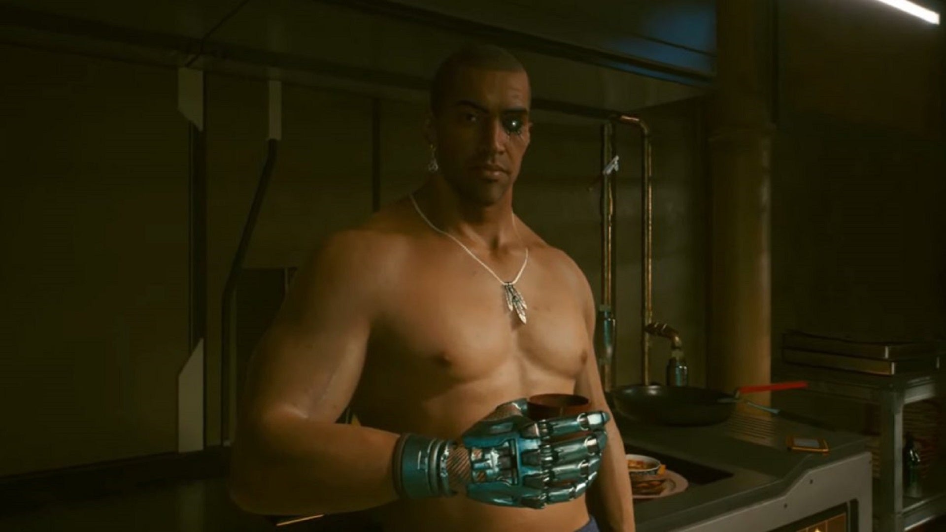 River from Cyberpunk 2077, leaning casually against a kitchen counter all shirtless and cyborg-y.