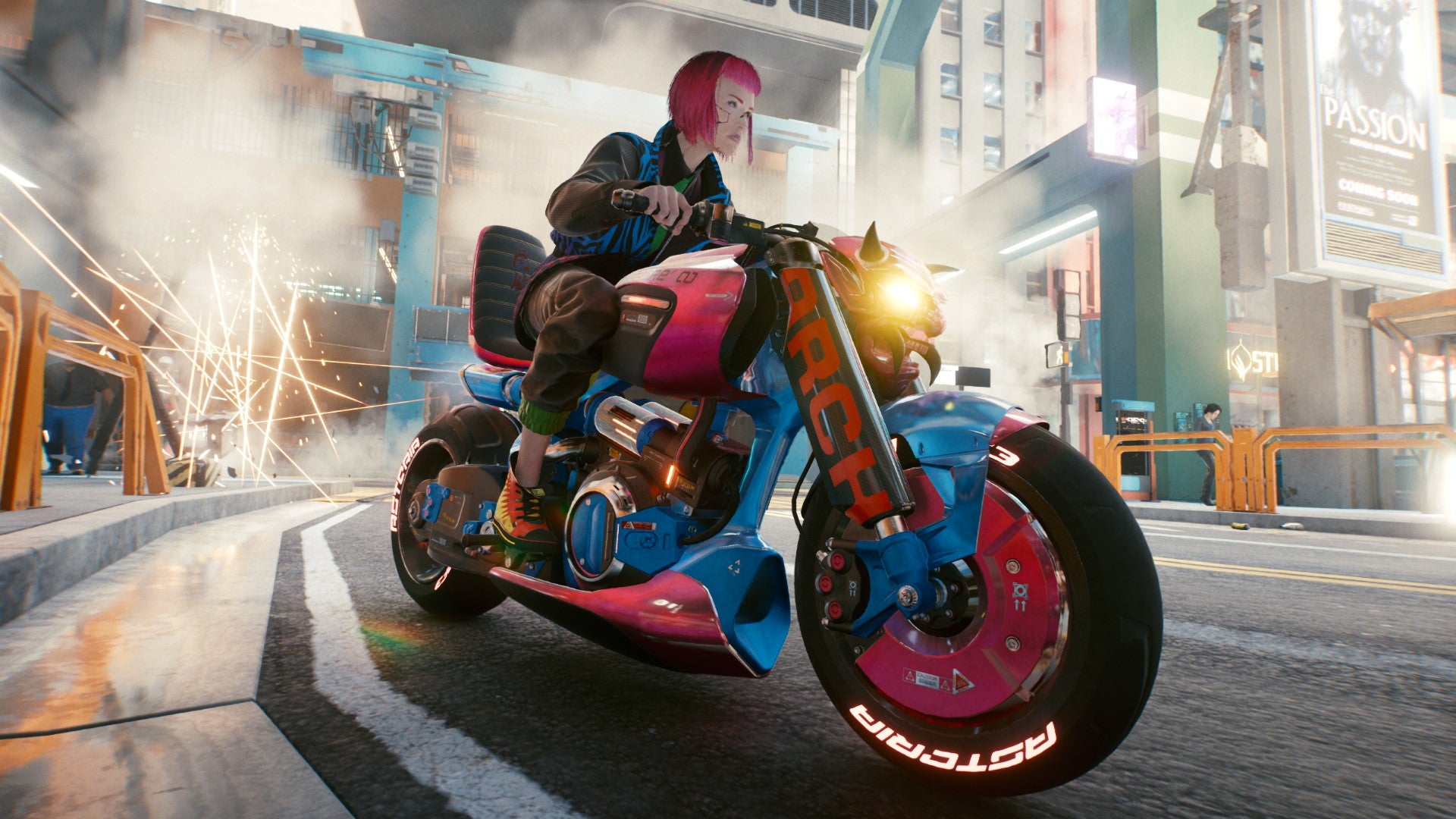 Cyberpunk 2077 - V riding on a bright pink and blue motorcycle.
