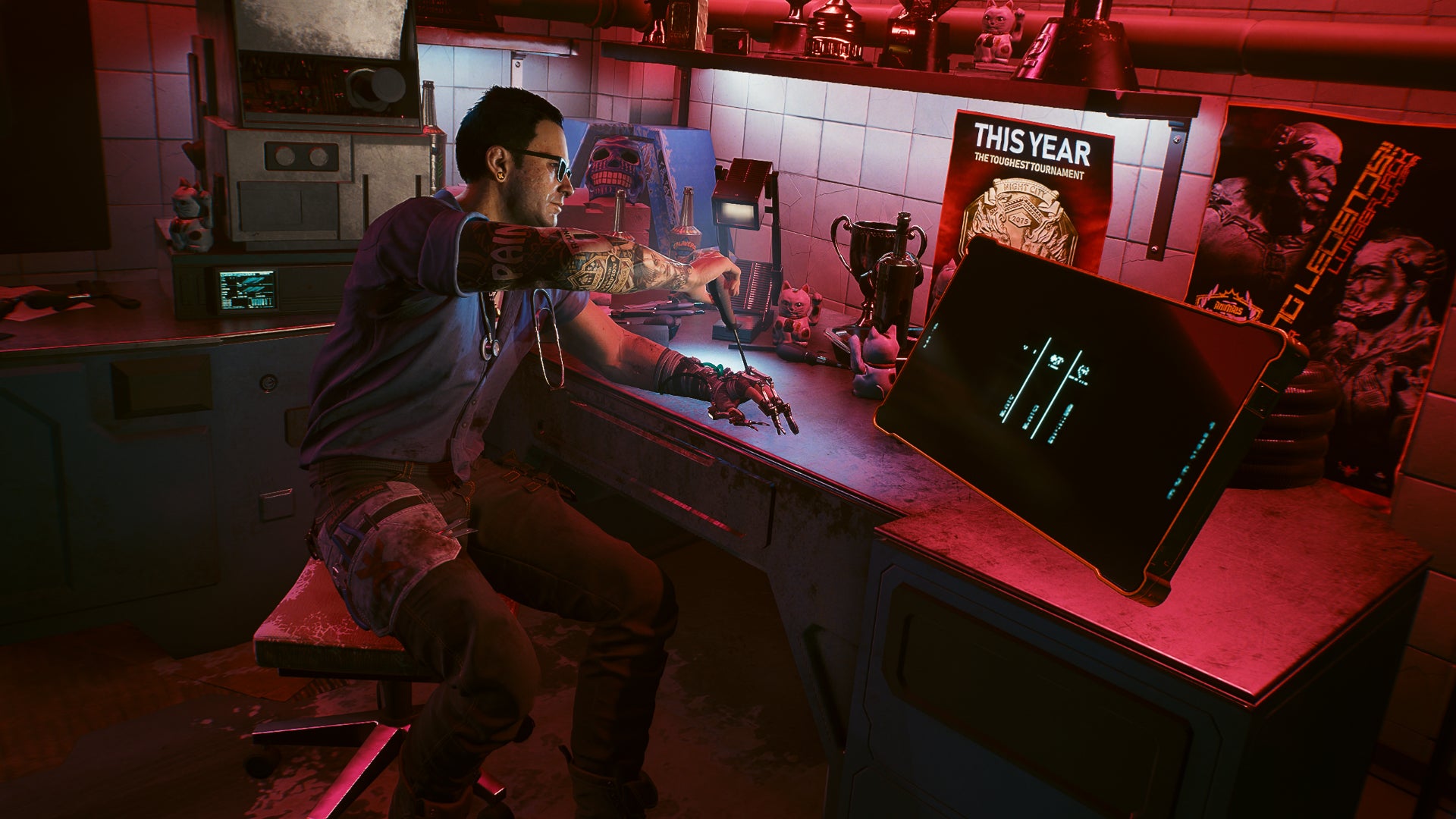 Viktor sits at his desk and works on his mechanical arm in his Ripperdoc office in Cyberpunk 2077.