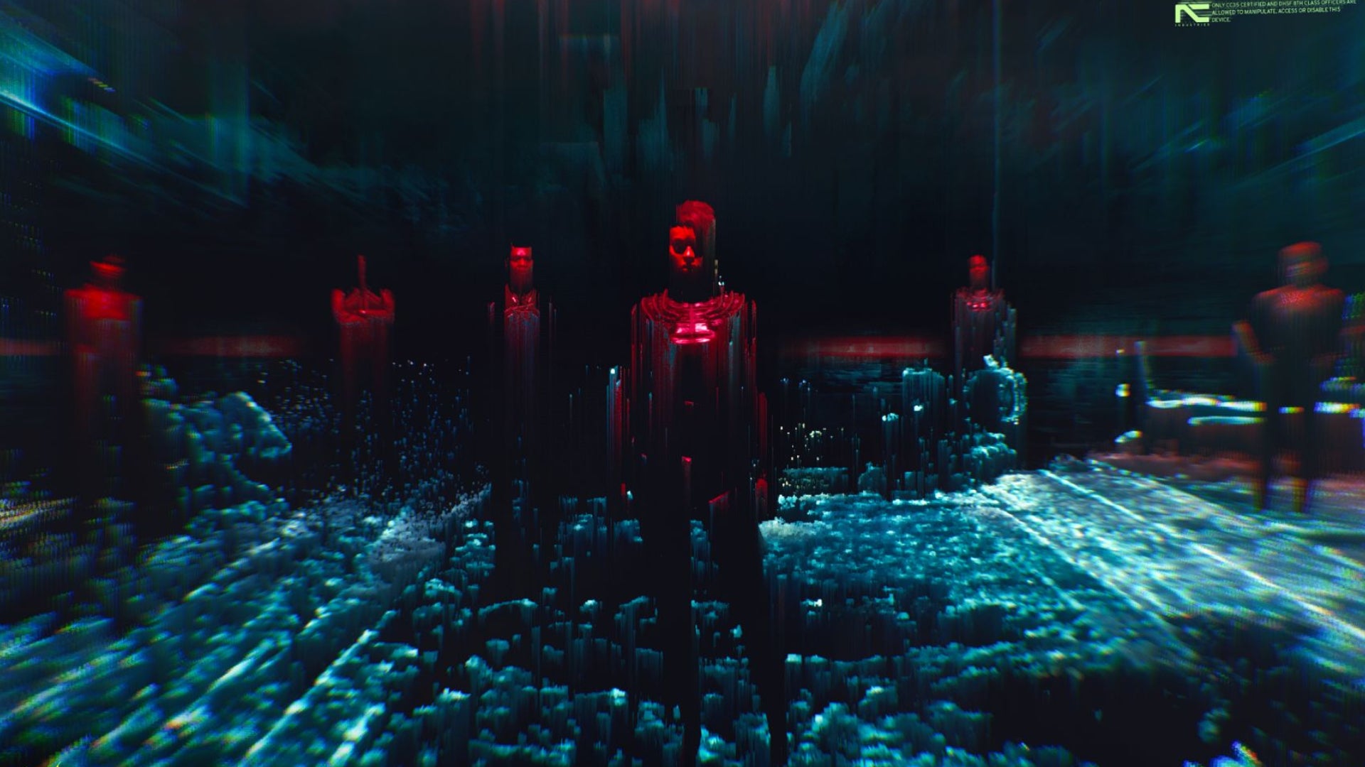 A screenshot from a dreamlike cybernetic landscape in Cyberpunk 2077. Indistinct red figures are standing in the foreground facing the camera.