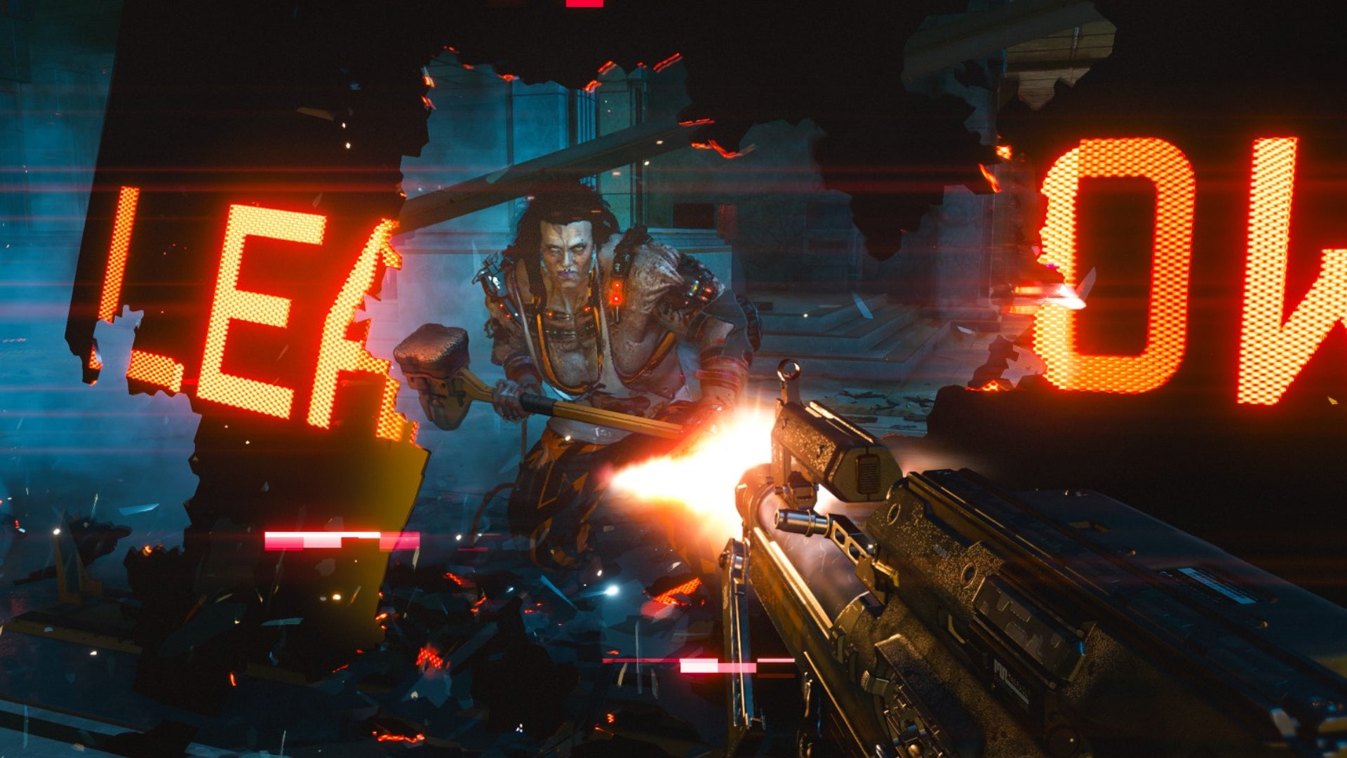 The player in Cyberpunk 2077 fires a shotgun blast at Sasquatch, a hammer-wielding boss.