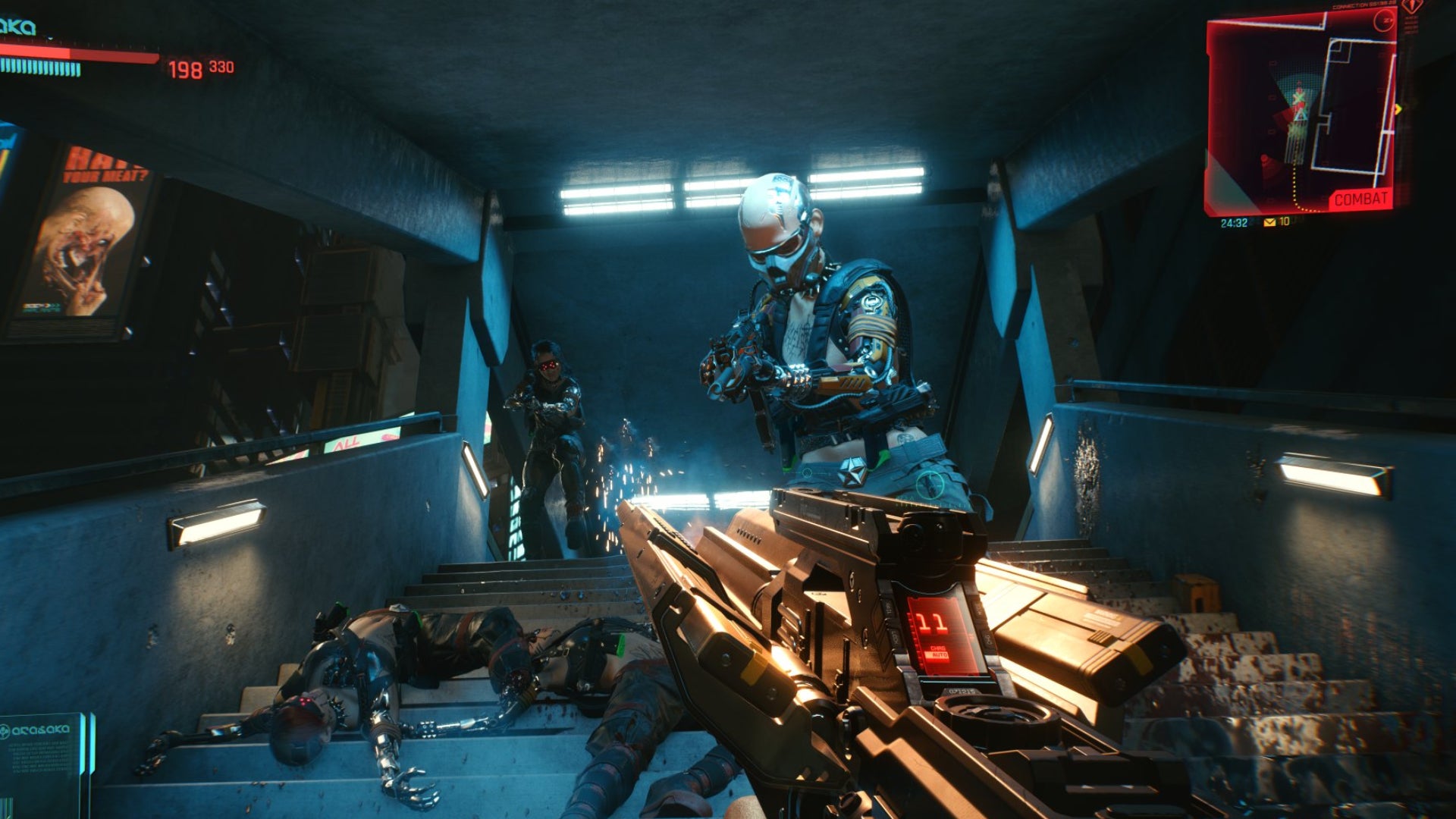 The player in Cyberpunk 2077 fights two gang members on a set of stairs.