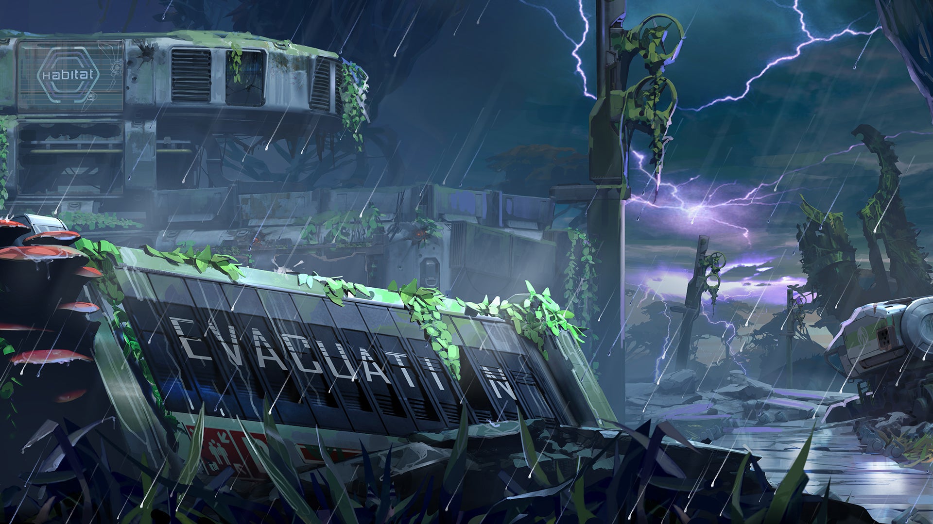 Concept art for The Cycle: Frontier depicting an overgrown habitat station.