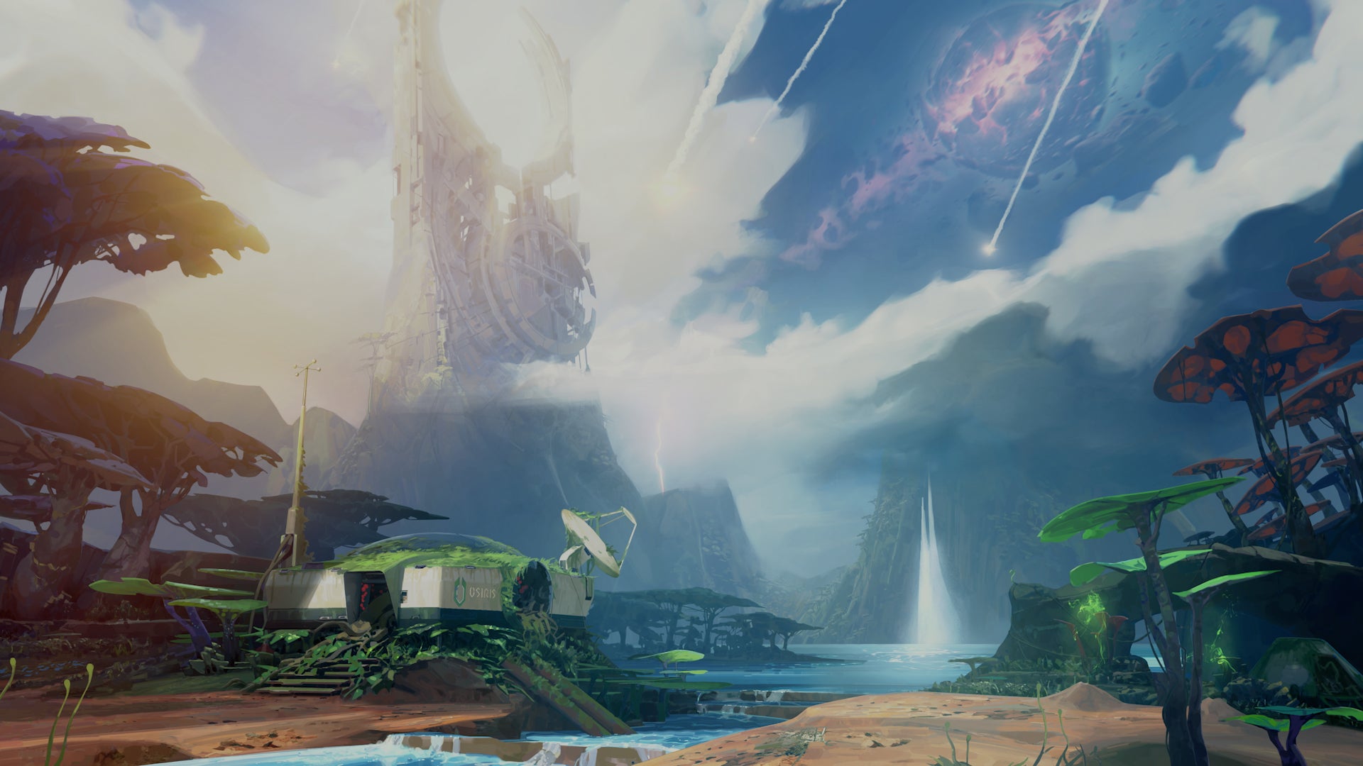 Concept art for The Cycle: Frontier depicting an Osiris-controller building by a river.