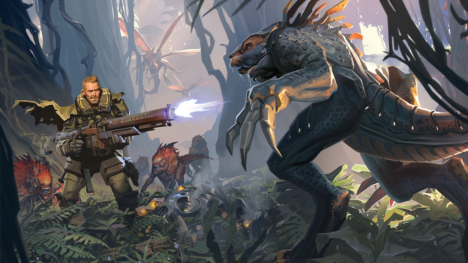 Concept art for The Cycle: Frontier depicting a Prospector fighting a Marauder and a group of Striders.