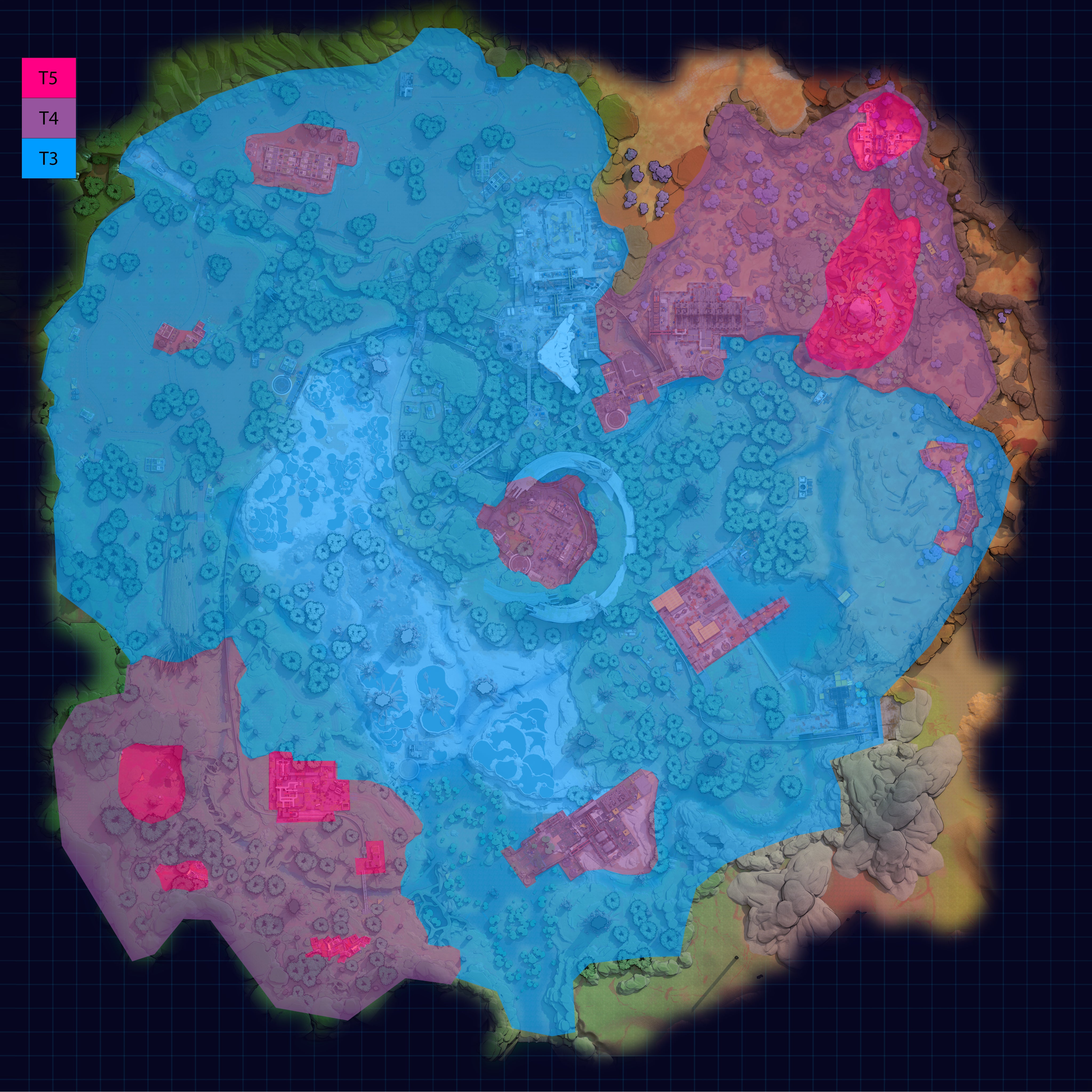 The map Crescent Falls in The Cycle: Frontier, with the different loot tiers across the map highlighted.