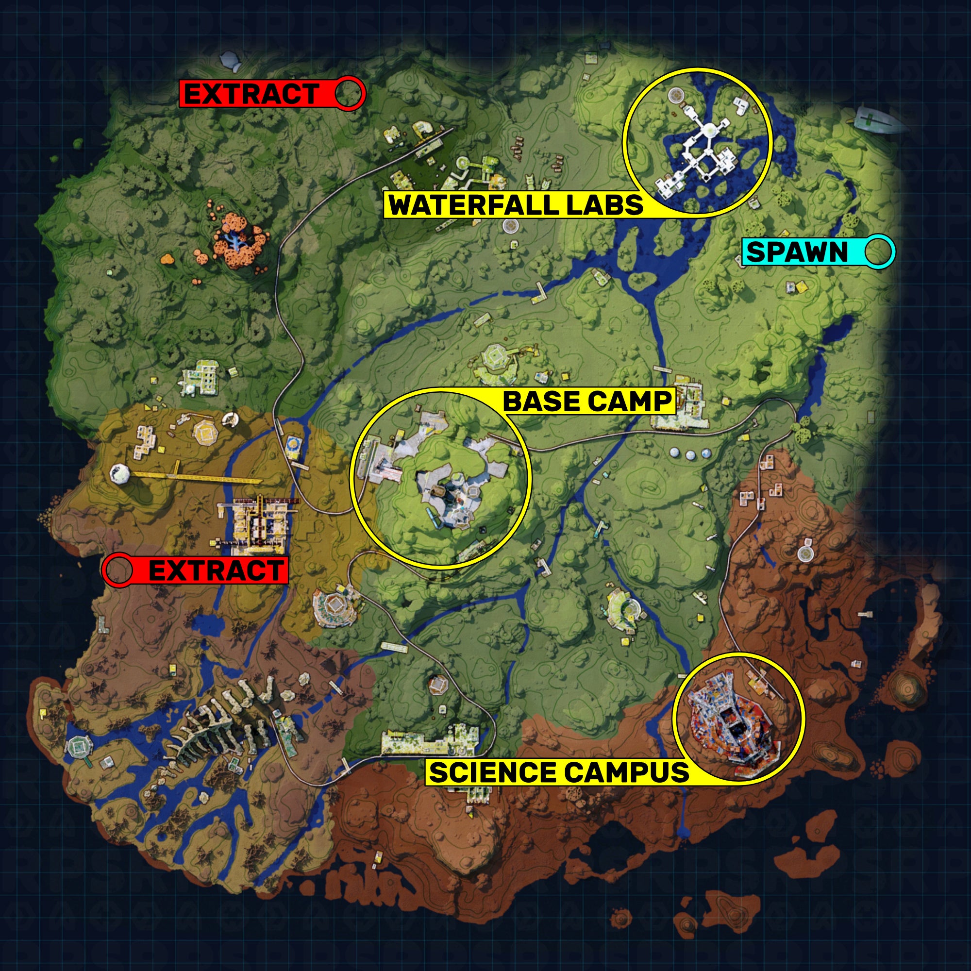A map of Bright Sands in The Cycle: Frontier, with the locations of the player's spawn point, possible extraction points, and areas of interest for that particular drop.