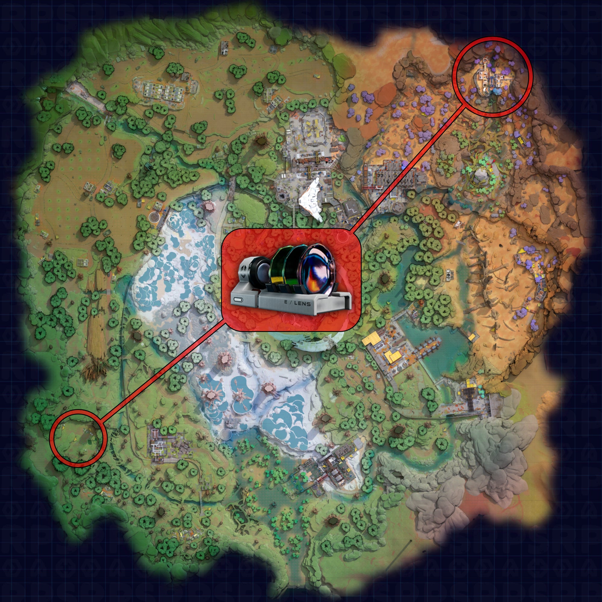 A map of Crescent Falls in The Cycle: Frontier, with the locations of some prime spots for gathering Optic Glass highlighted.