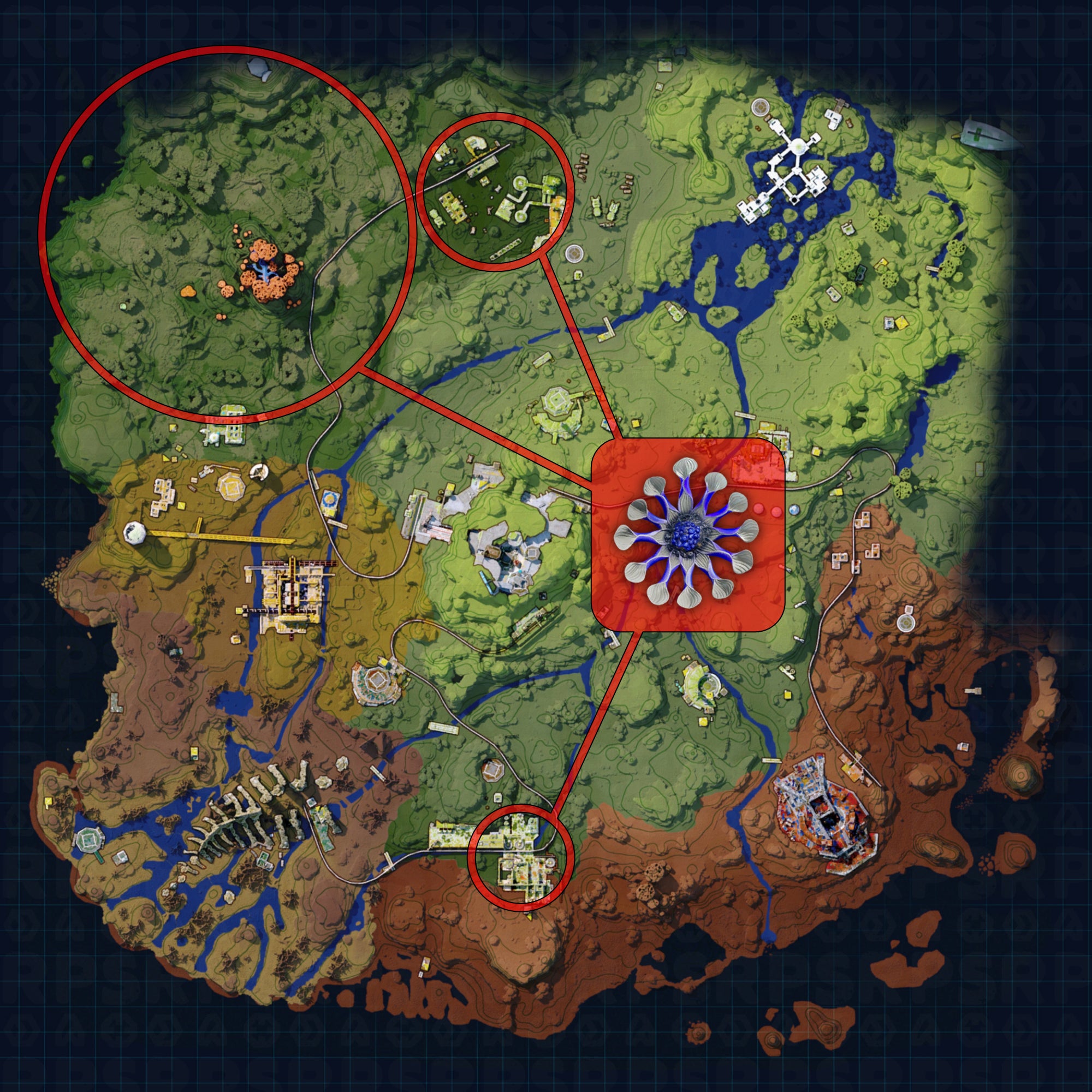 A map of Bright Sands in The Cycle: Frontier, with the best locations to find Pale Ivy Blossom highlighted.