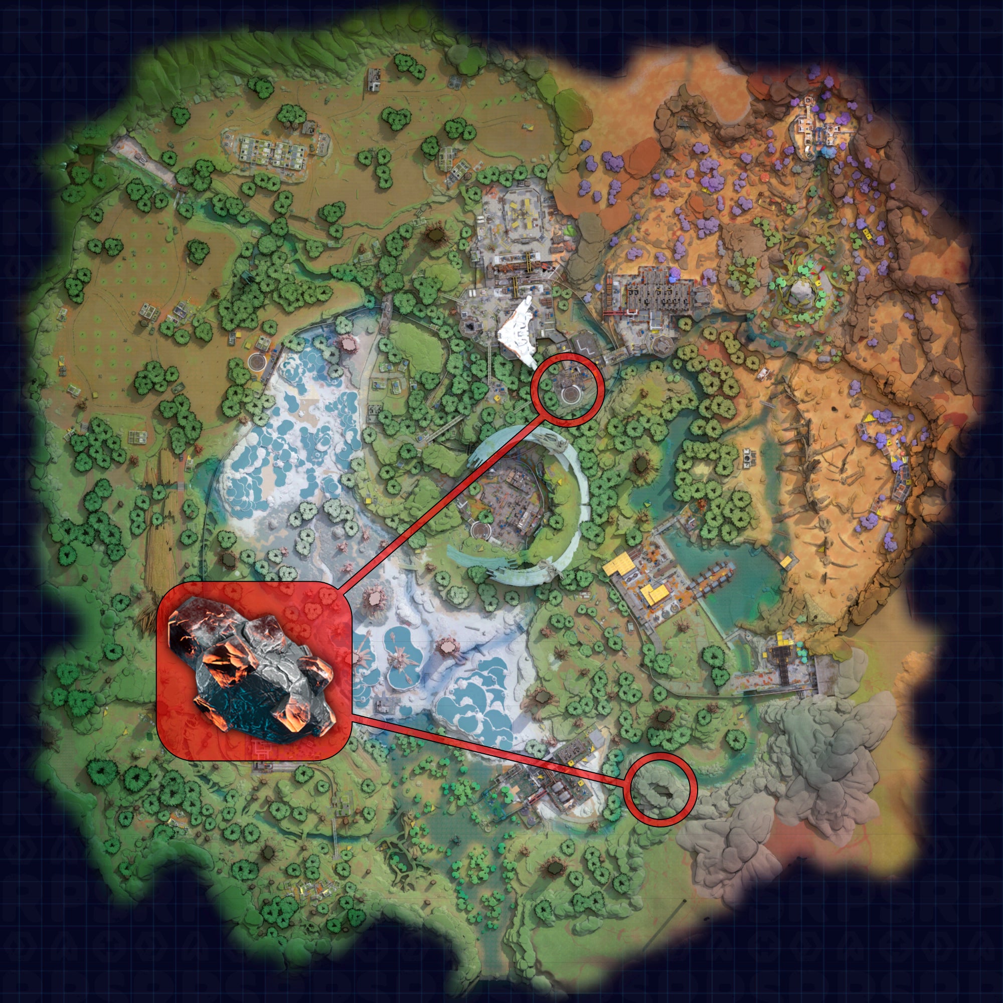 A map of Crescent Falls in The Cycle: Frontier, with the best locations for finding Titan Ore marked.
