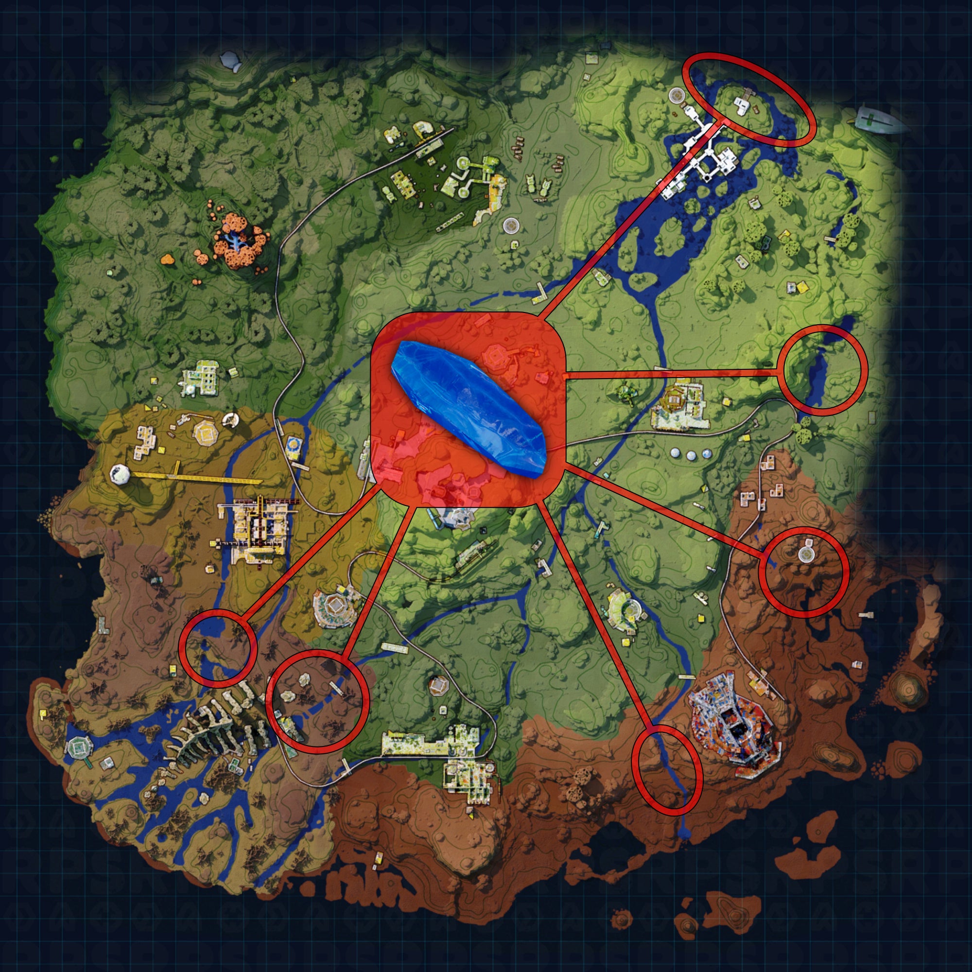 A map of Bright Sands in The Cycle: Frontier, with the best locations to find Veltecite marked.