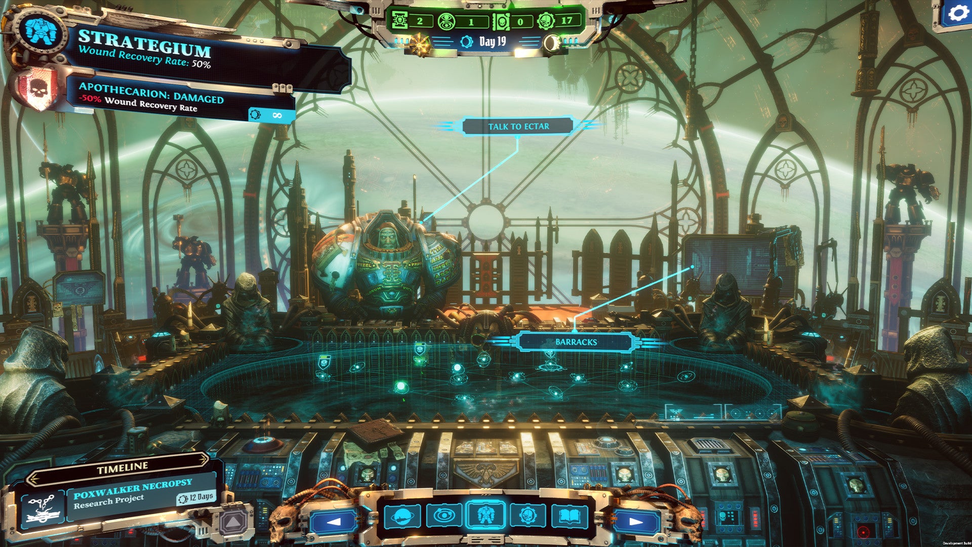 Ectar preside el Strategium en una nave espacial de aspecto gótico en Warhammer 40K: Chaos Gate - Cazadores de demonios