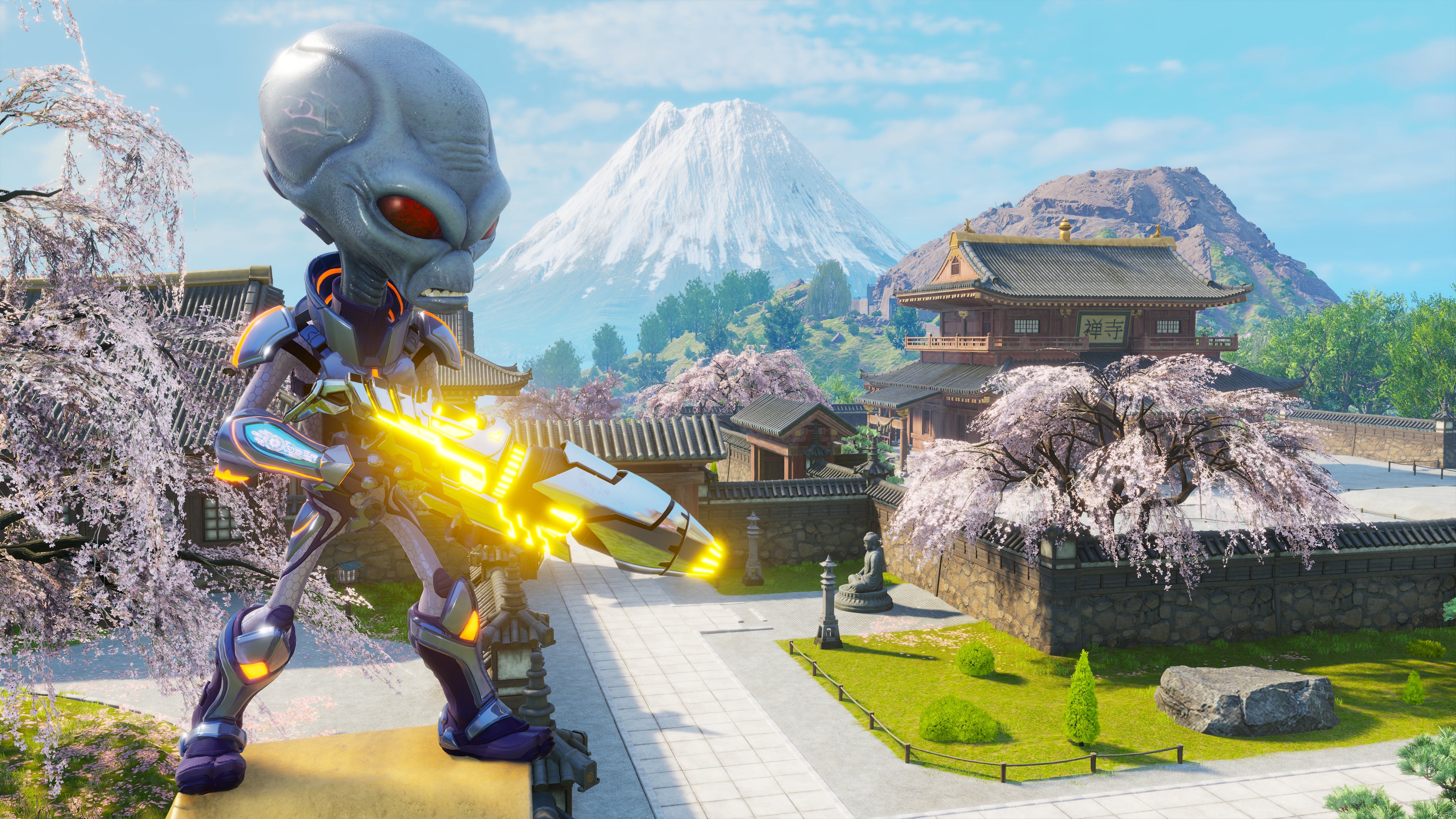A screenshot of Destroy All Humans 2: Reprobed, showing an alien with Mt. Fuji and some traditional Japanese buildings in the background.
