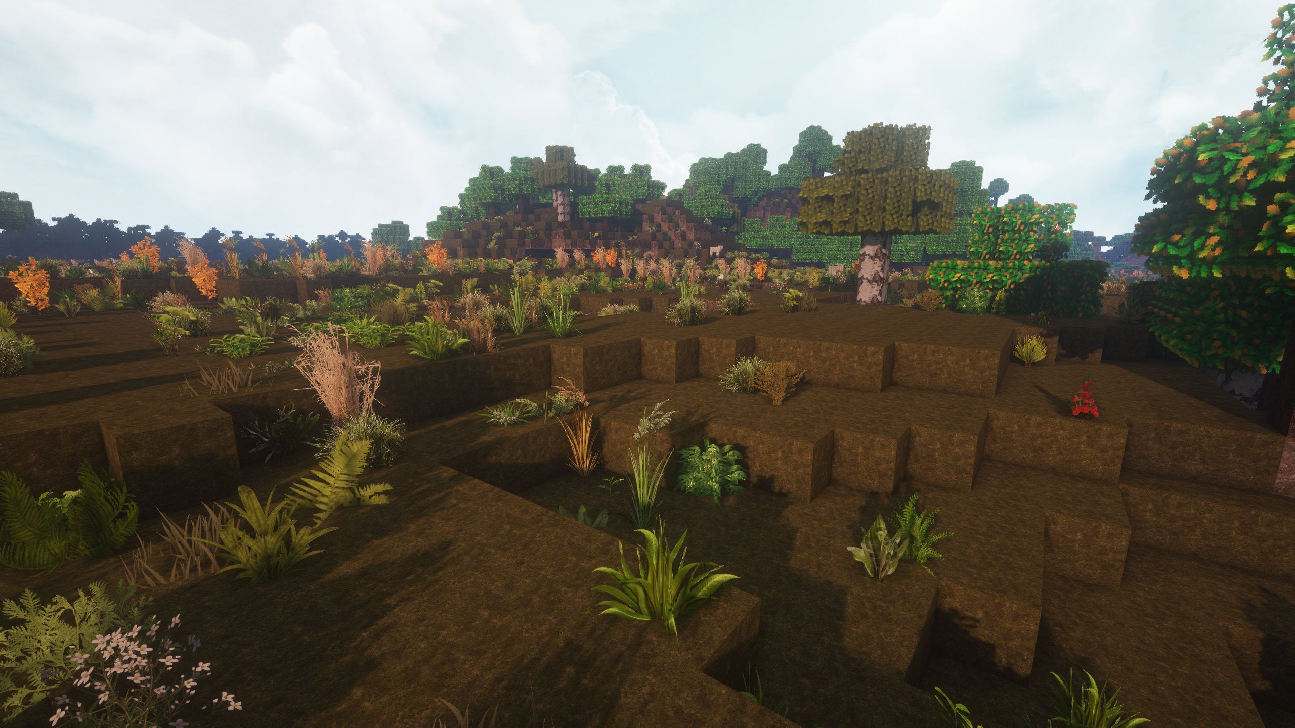 A Minecraft screenshot of a landscape displayed using the Dark Renaissance Texture Pack.