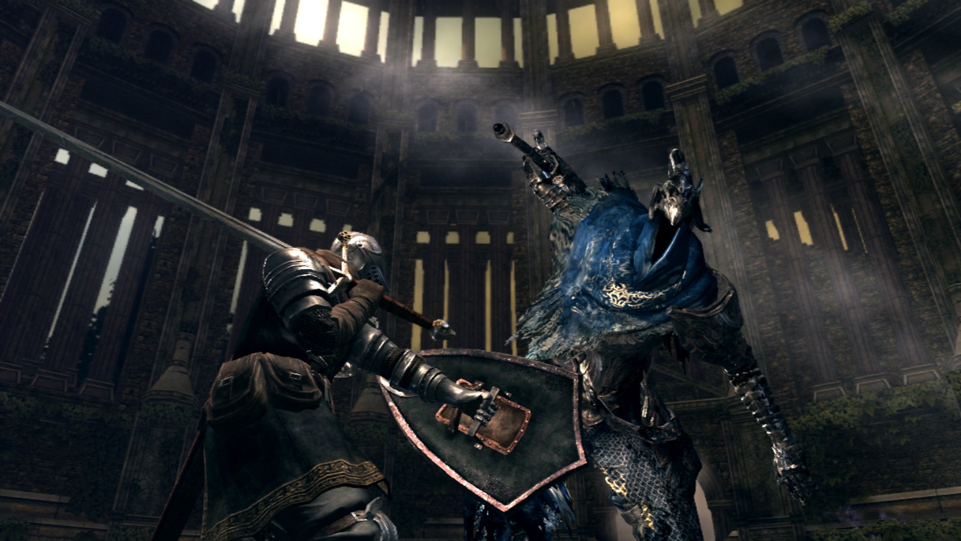 A warrior fights a big beast in an ornate hall in Dark Souls: Prepare To Die Edition