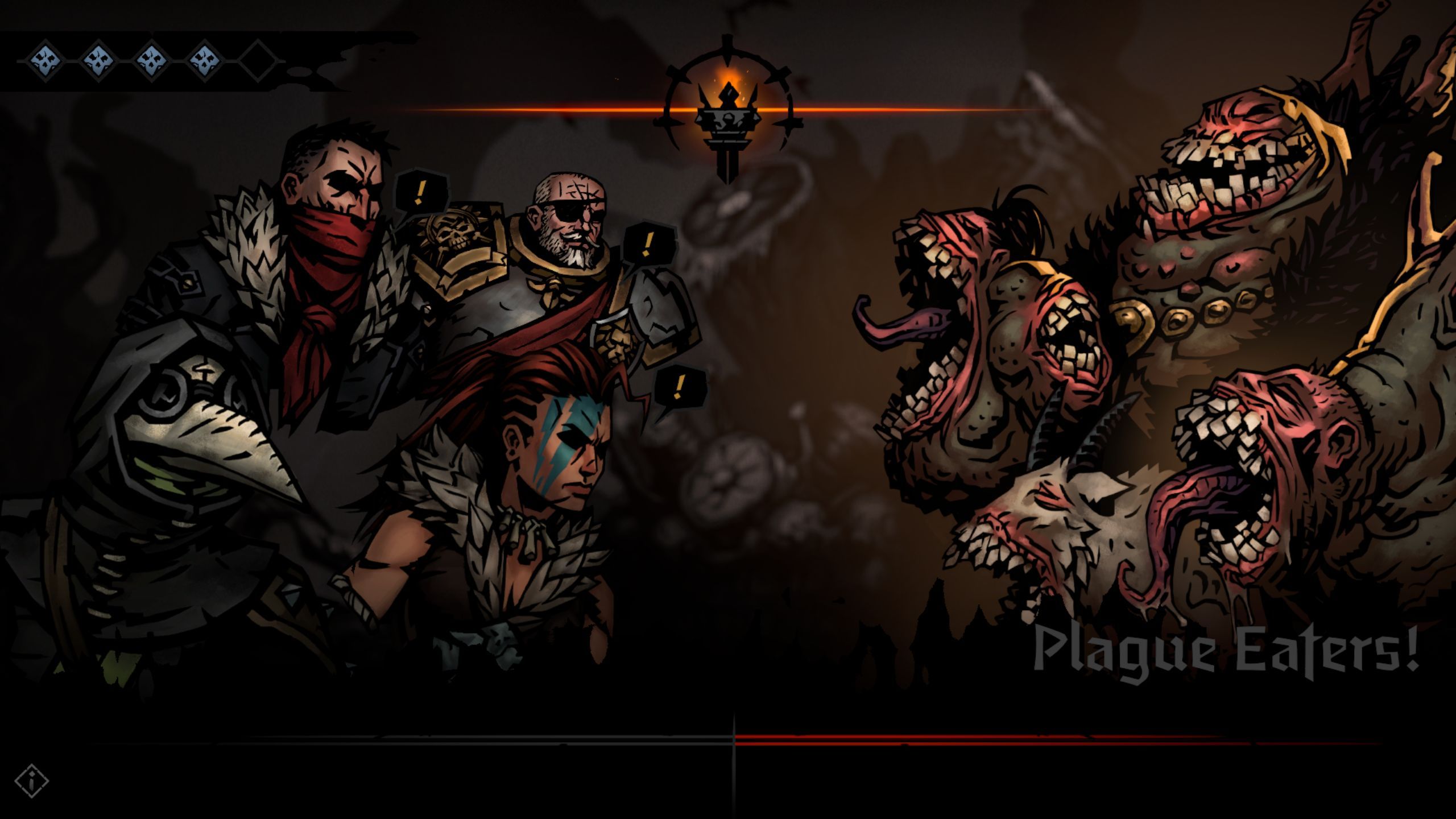 A band of adventurers face off against a swarm of monsters in Darkest Dungeon 2