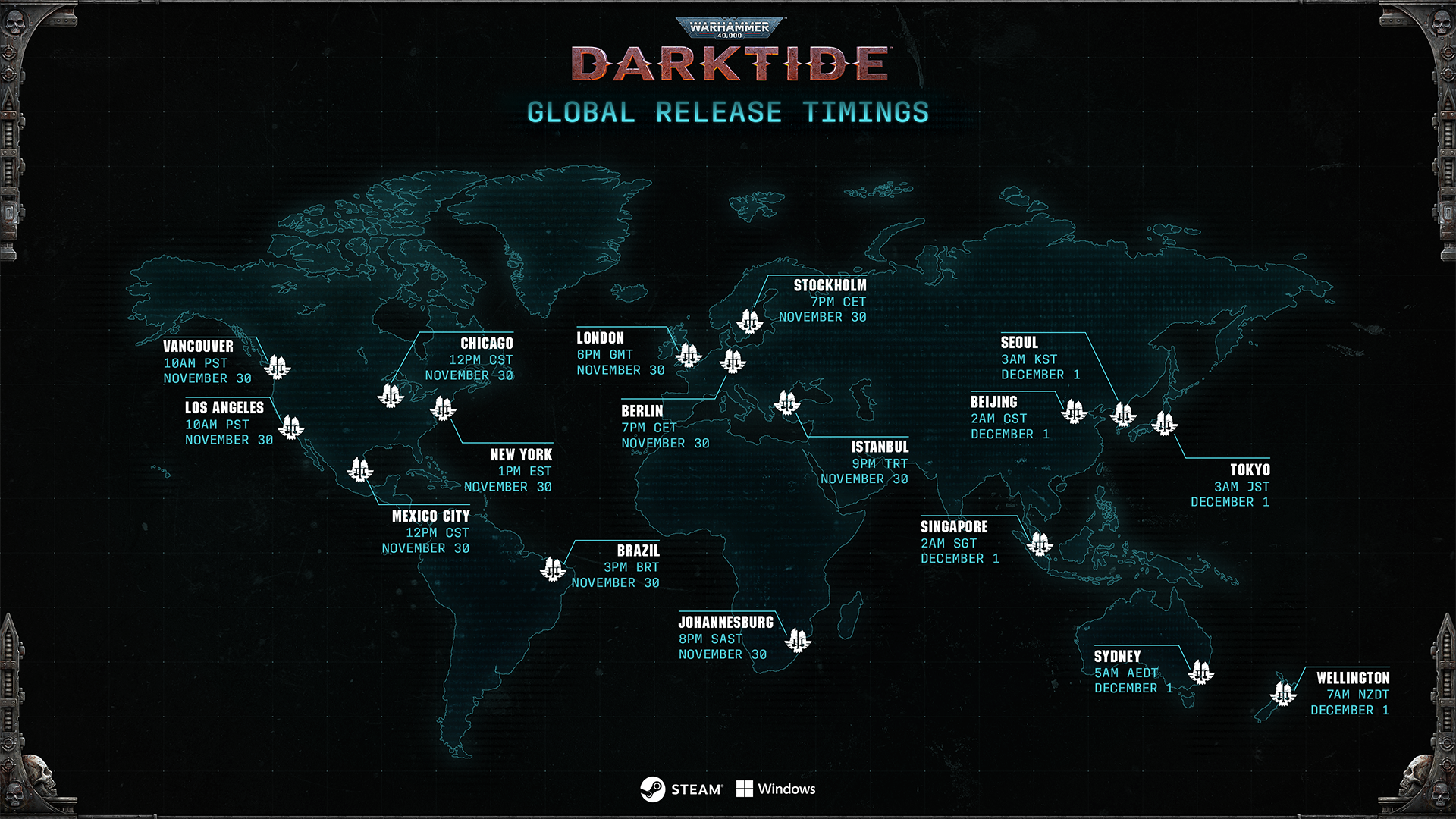 A map showing Darktide launch timings.