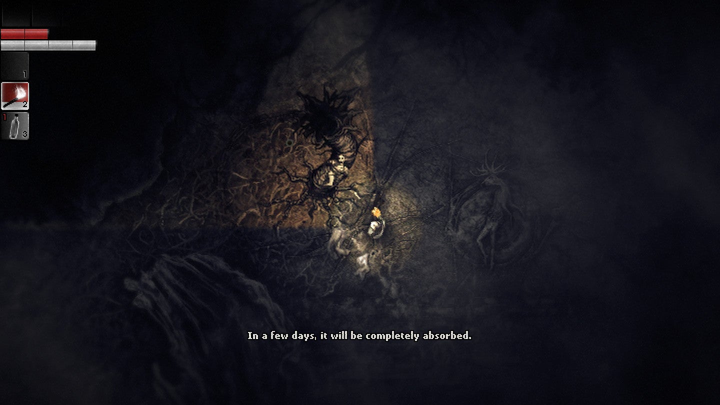 The protagonist of Darkwood examines, in torchlight, the body of a woman tied to a strange, worm-like growth coming out of the floor