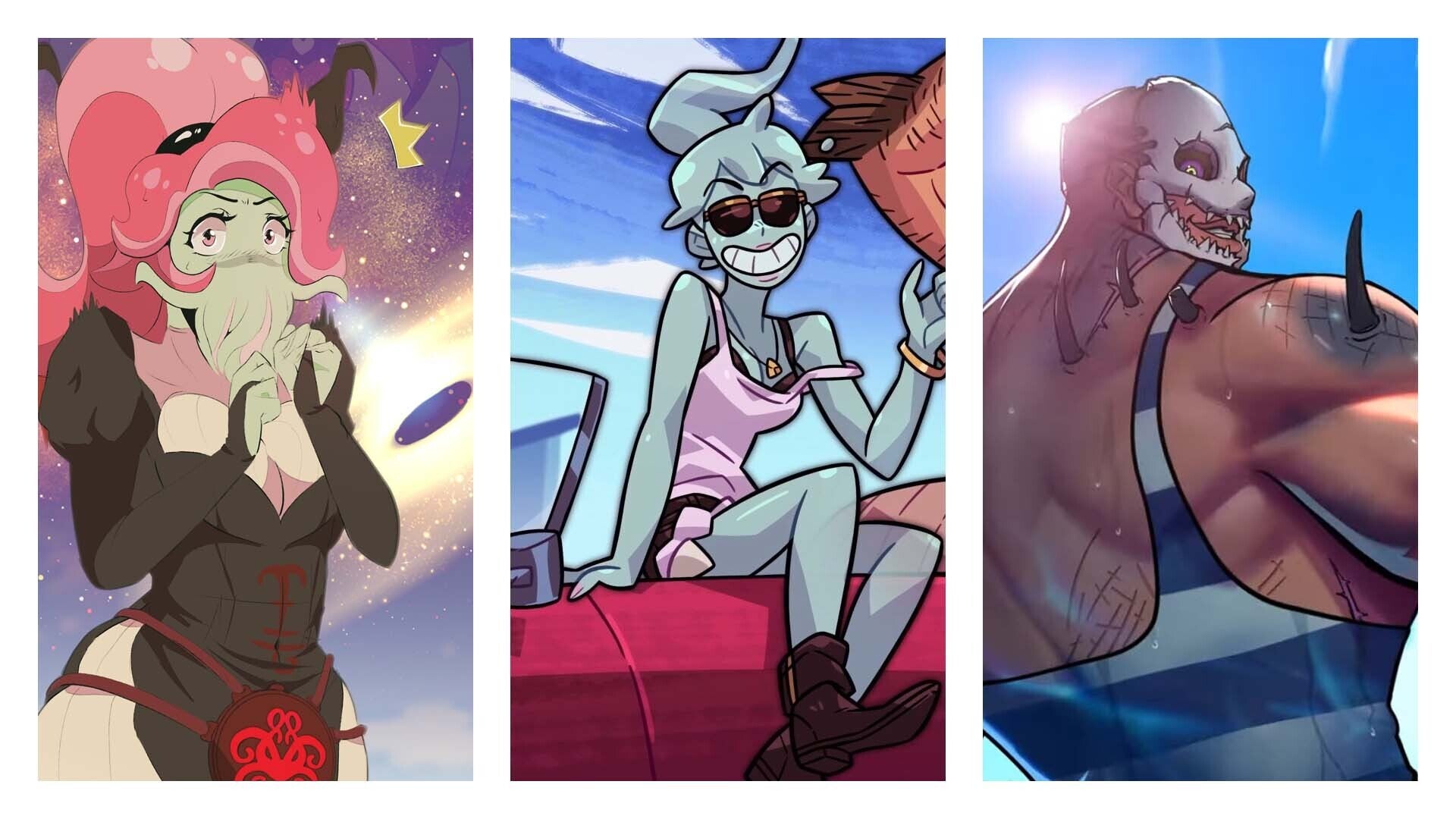 Three monsters you can date in 2022! Left to right: Ln'eta, the cute curvy Cthulhu lady from Sucker For Love: First Date; Polly, the sexy ghost girl from the Monster Prom series; and The Trapper, a gruesome killer from Dead By Daylight as he appears in Hooked On You.
