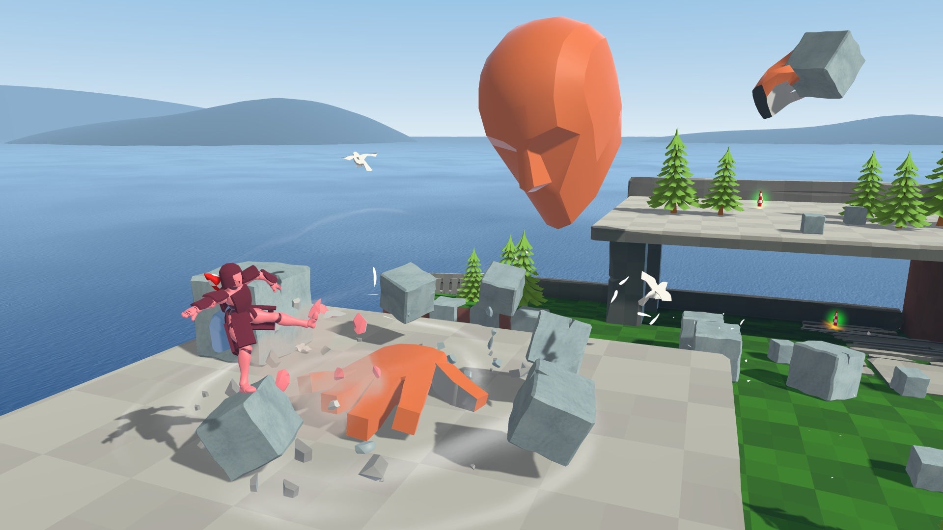 A screenshot of Davigo showing a giant floating head swatting at a small polygonal man with a disconnected giant hand.
