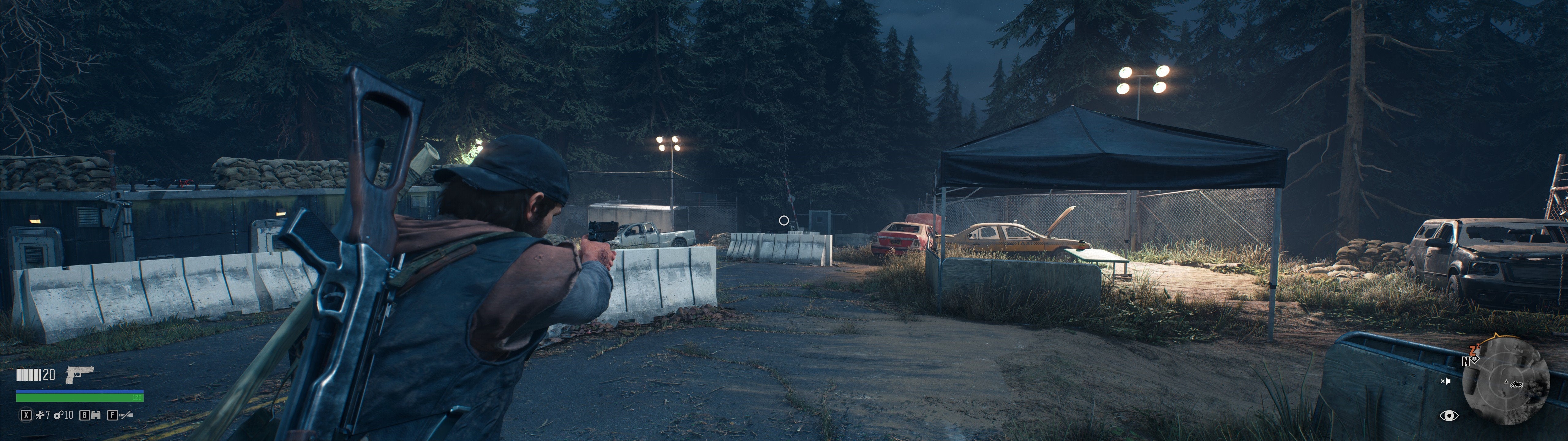 A screenshot of Deacon aiming his gun in Days Gone in a 32:9 aspect ratio
