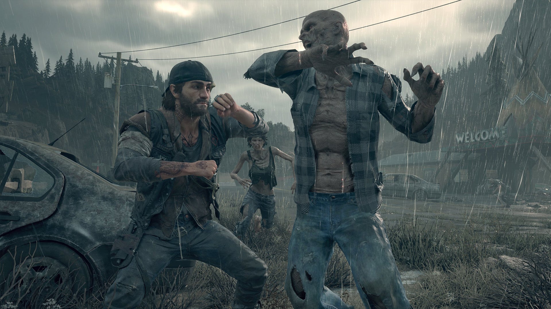 A screenshot of open world zombie drama Days Gone, showing a zombie taking a swing at a ducking protagonist.