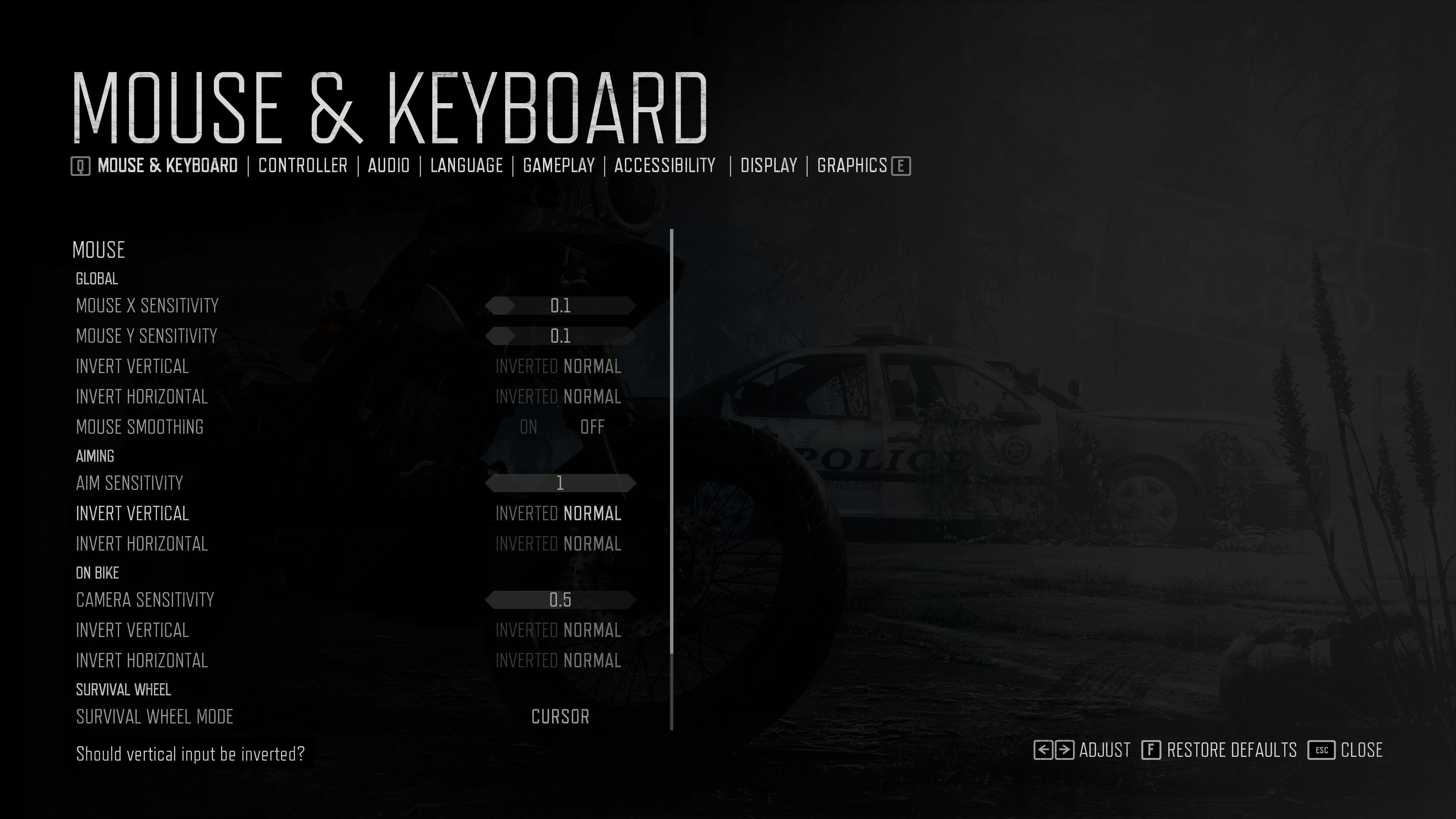 The mouse and keyboard settings menu from Days Gone