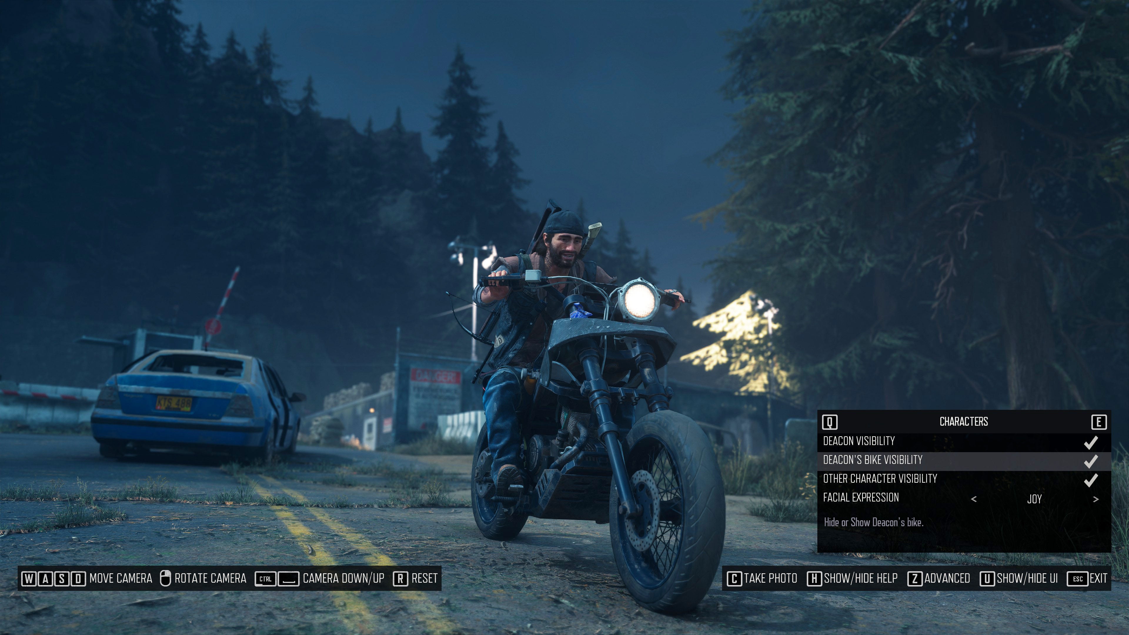 A screenshot of Days Gone's photo mode showing Deacon's bike visibility enabled